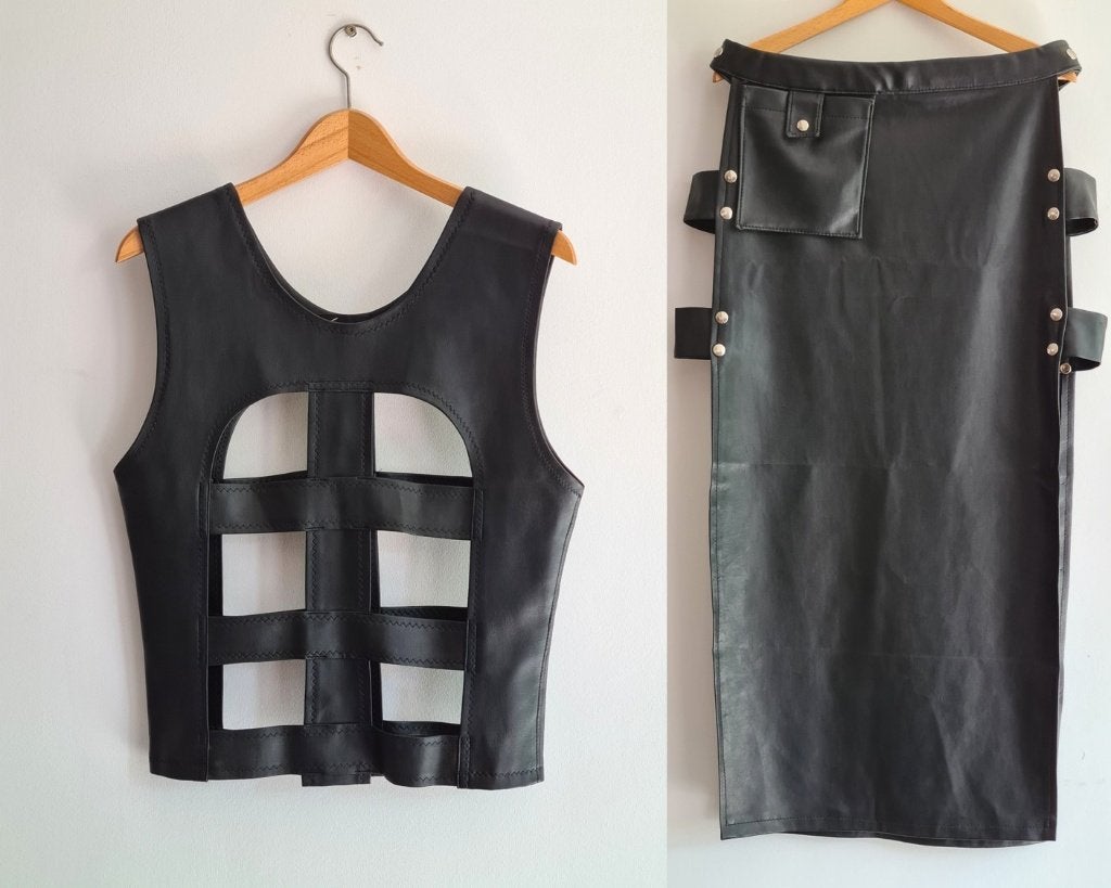Fetish Wasteland outfit heren- cage vest + lange gothic kilt, Ophalen of Verzenden, Gedragen, Kleding