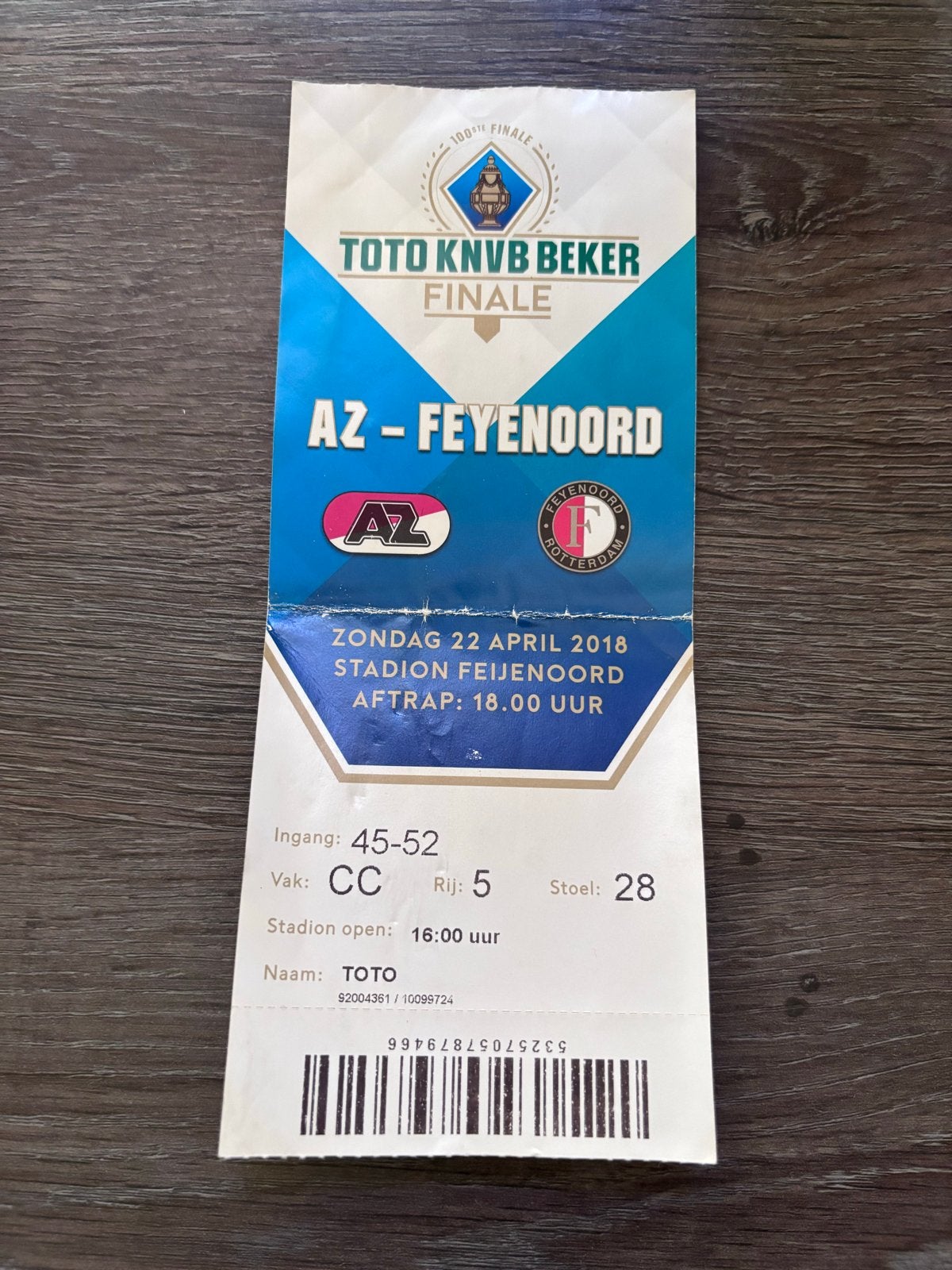 Toegangsbewijs Toto KNVB Bekerfinale 2018 AZ - Feyenoord, Losse kaart, April