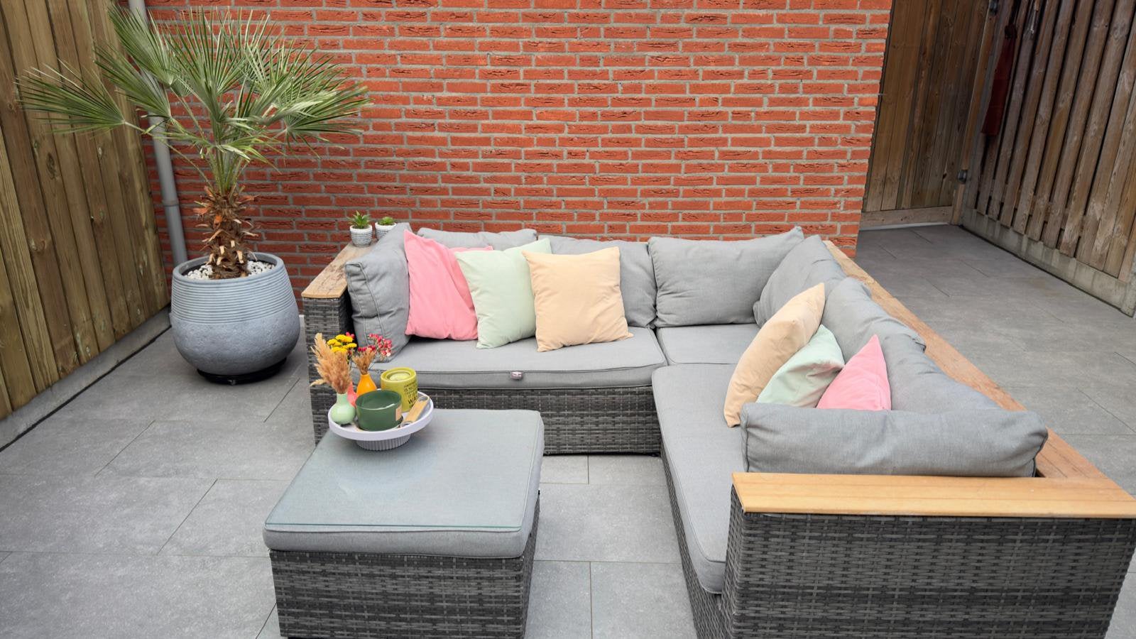 Hoek-Loungeset Grijs Wicker (215x215) – Volle kussens!, Ophalen, 5 zitplaatsen, Gebruikt, Loungeset
