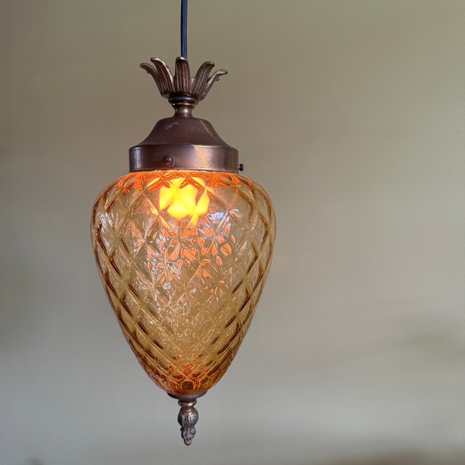 Hanglamp, barok, amber glas, vintage, brocante, jr 50/60, Ophalen of Verzenden