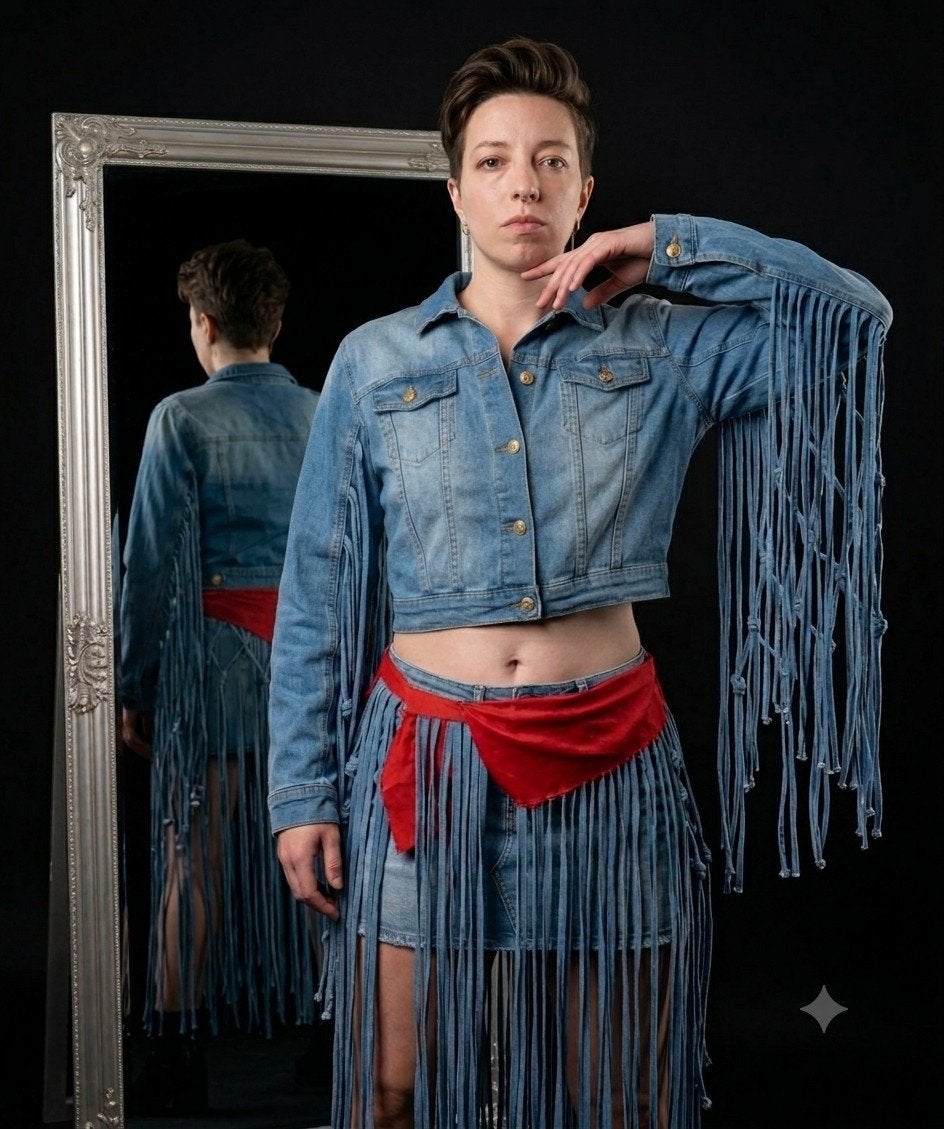 Waanzinnig set in denim met nappaleer
Waanzinnig gaaf spijke, Kleding | Dames, Jasjes, Kostuums en Pakken, Nieuw, Kostuum of Pak