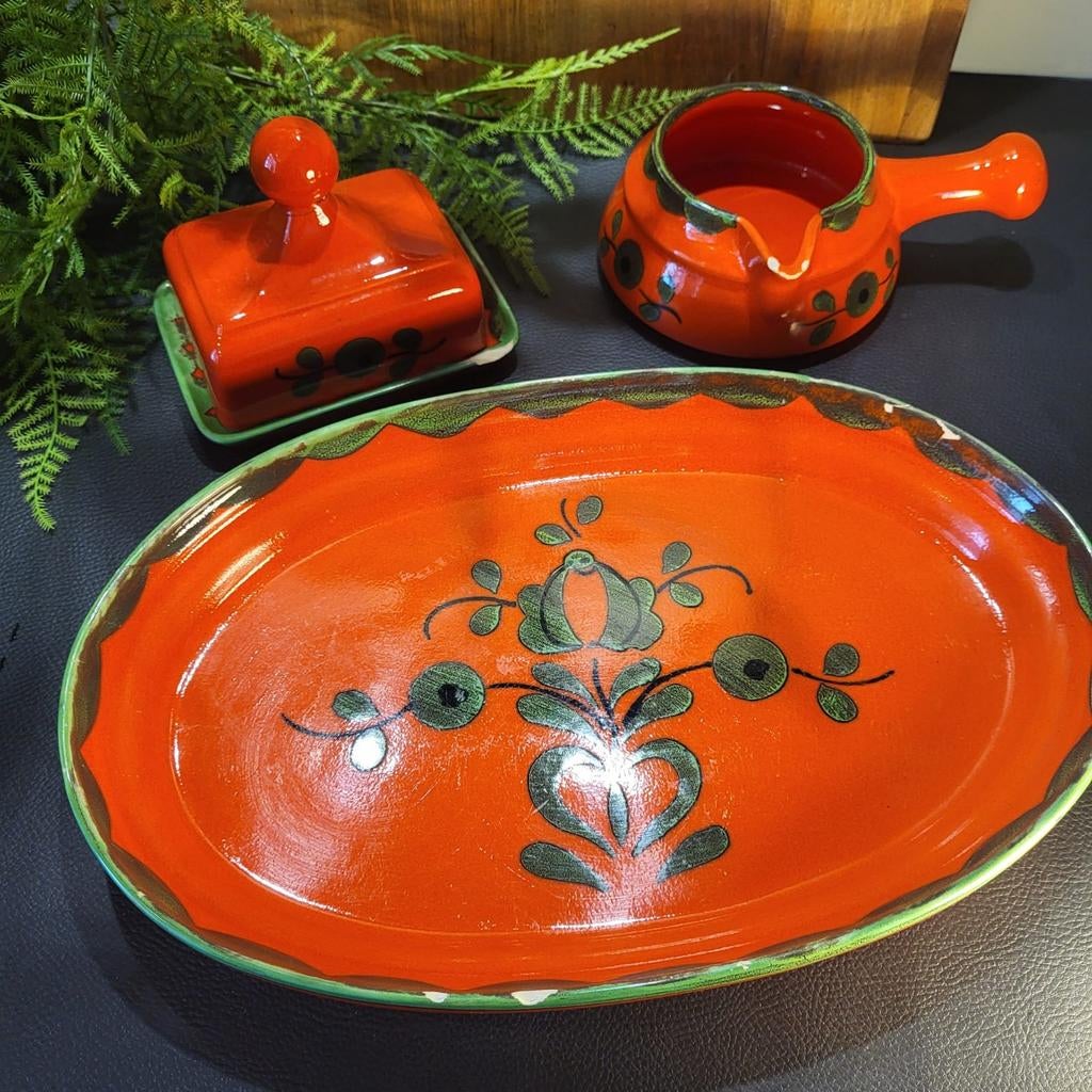 Vintage aardewerk set: juskom, botervloot, vleesschaal, Ophalen of Verzenden