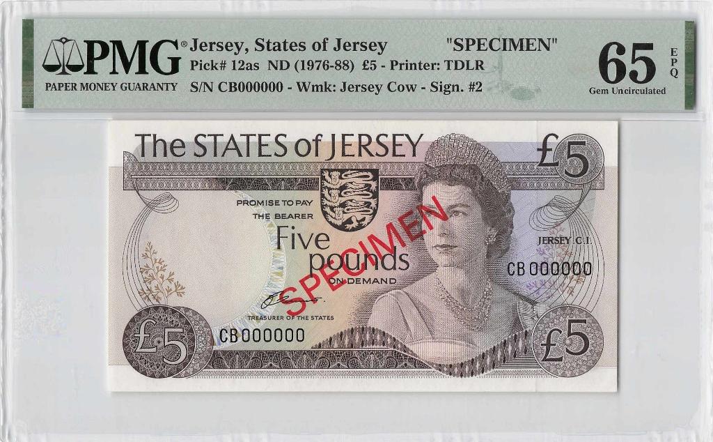UNC specimen biljet 5 pounds Jersey, 1976-1988 | PMG 65 EPQ, Ophalen of Verzenden, Overige landen, Los biljet