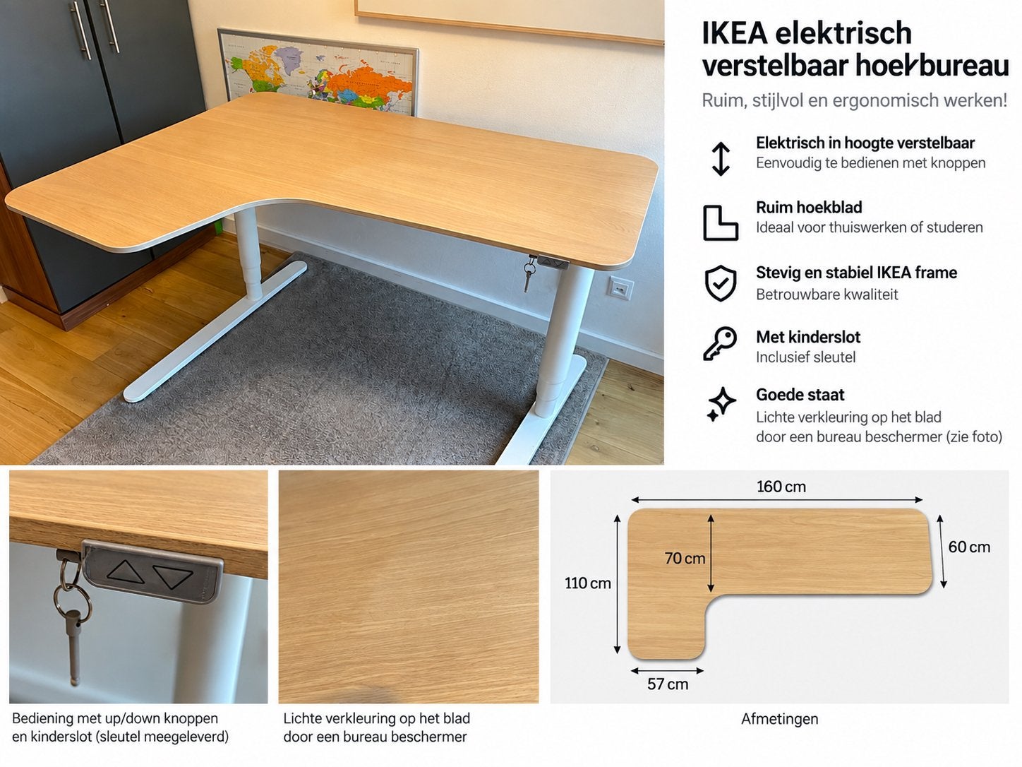 IKEA BEKANT elektrisch zit/sta hoekbureau 160x110 cm, Huis en Inrichting, Ophalen, Elektrisch, Gebruikt, Hoekbureau