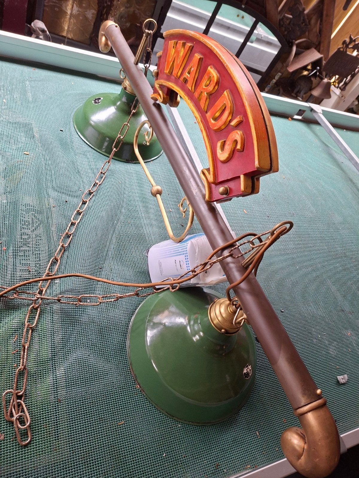 Een oude kroeglamp met 2 emaille kappen, Antiek en Kunst, Ophalen