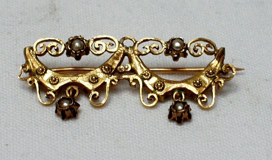 Broche antiek pareltjes goud., Sieraden, Tassen en Uiterlijk, Ophalen of Verzenden, Goud, Broche