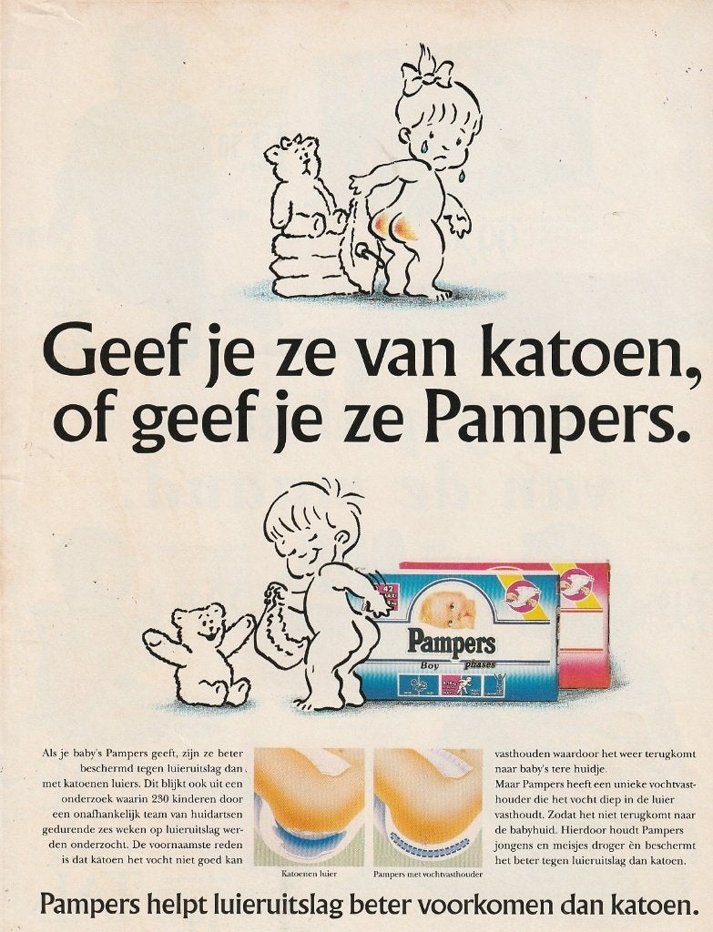 retro reclame 1992 Pampers boy girl baby luiers van katoen, Verzamelen, Verzenden, Overige typen