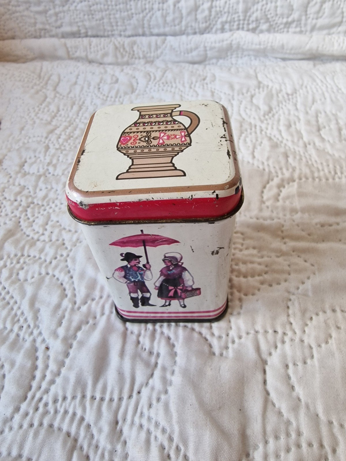 Vintage blikken trommel met folkloristische afbeeldingen, Ophalen of Verzenden