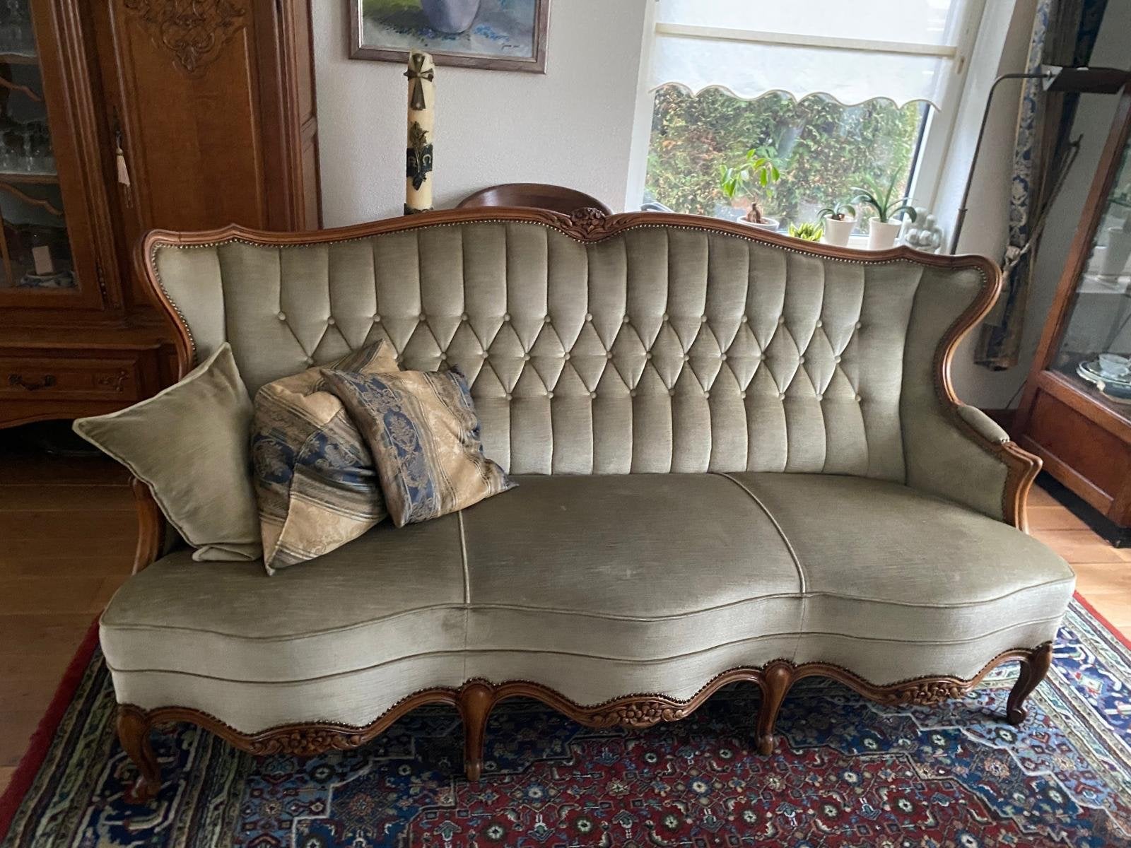 Antieke salonset: bank, 2 fauteuils, salontafel & kasten, Ophalen
