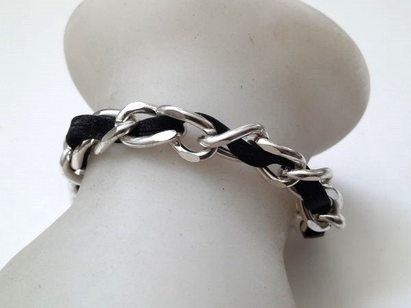 Stoere zilverkleurige schakelarmband met Zwart lint, Ophalen, Nieuw, Zilver, Staal