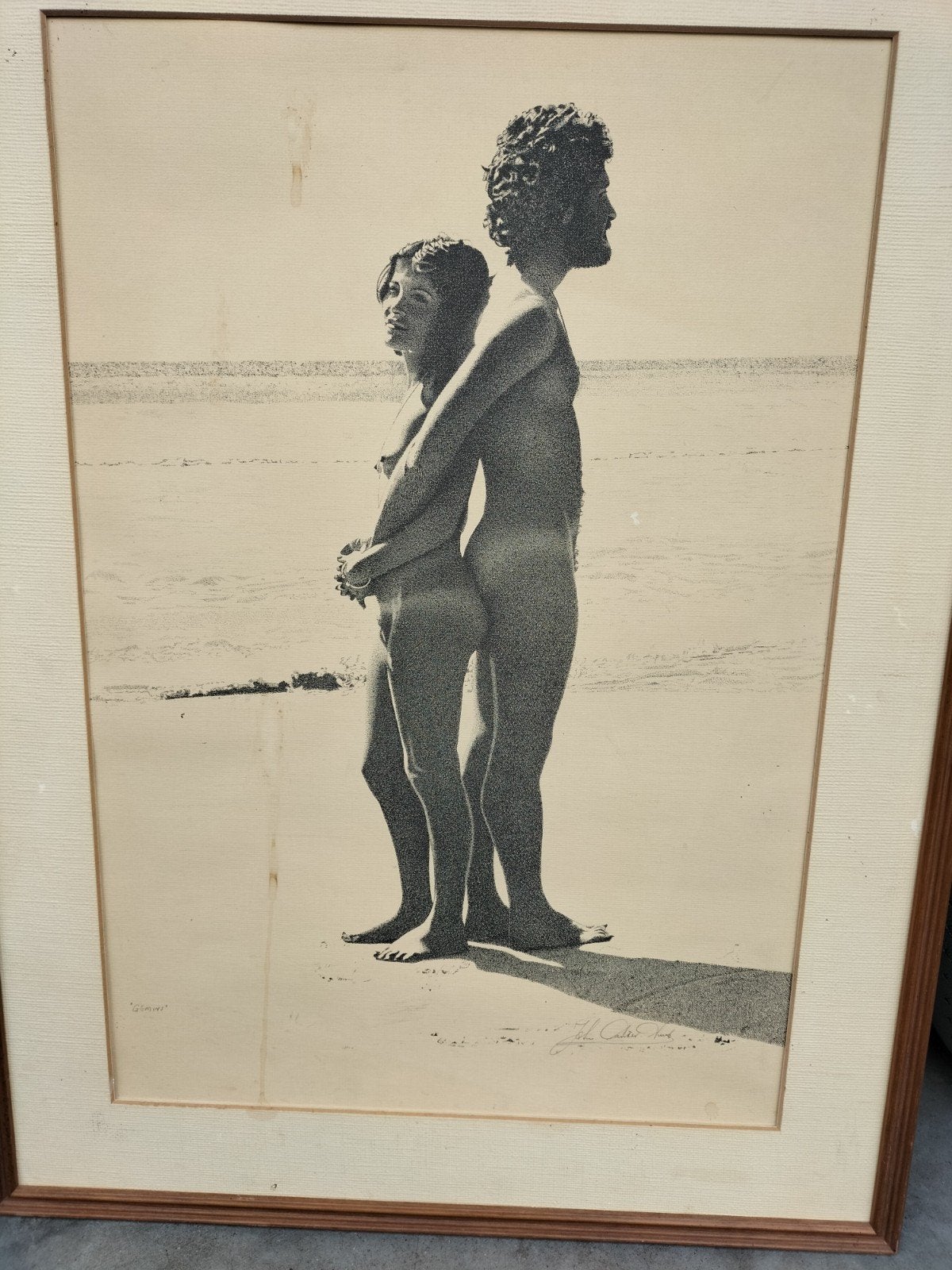 Vintage Print: Twee Figuren op Strand, gesigneerd, Antiek en Kunst, Ophalen of Verzenden, Print, Print/reproductie, Gesigneerd