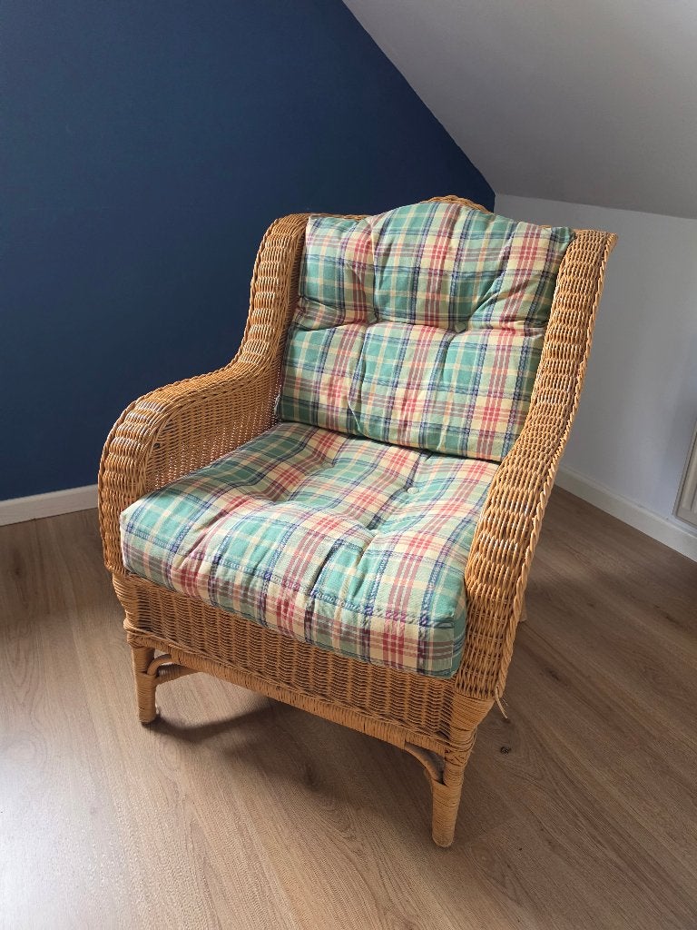 Rotan fauteuil met geruit kussen, Huis en Inrichting, Stoelen, Gebruikt, Eén, Riet of Rotan, Stof, Overige kleuren, Ophalen
