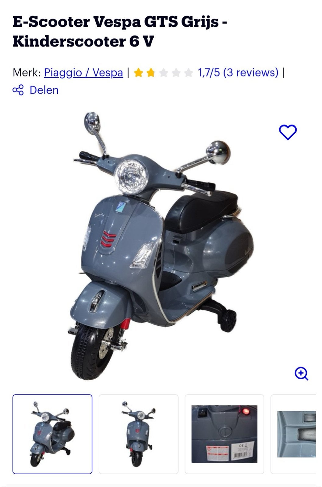 E-Scooter Vespa GTS Grijs - Kinderscooter 6 V, Ophalen, Zo goed als nieuw