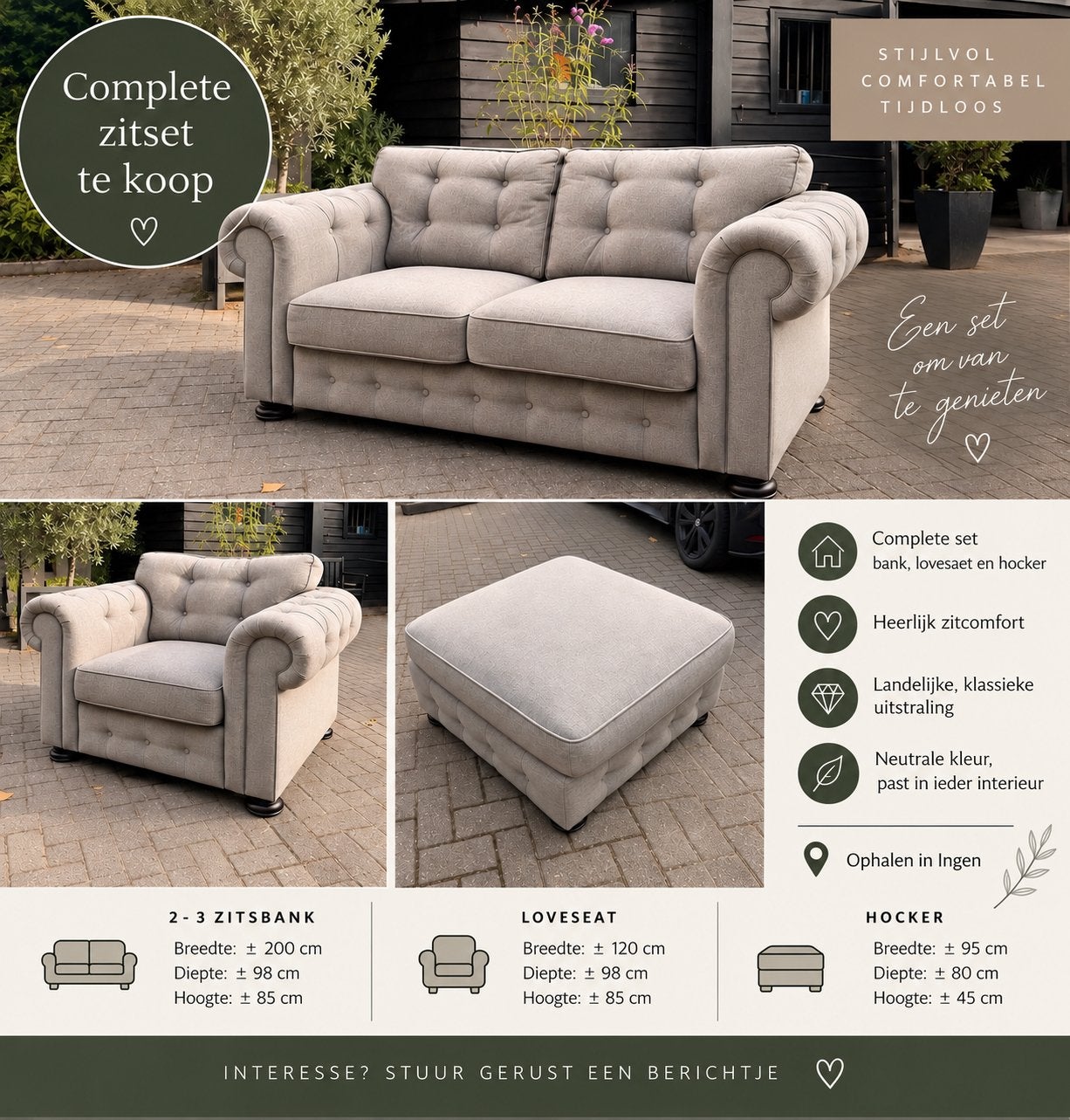 Complete zitset te koop, 2 tot 3-zitsbank, loveseat hocker, Ophalen, Gebruikt, 150 tot 200 cm, Driepersoons