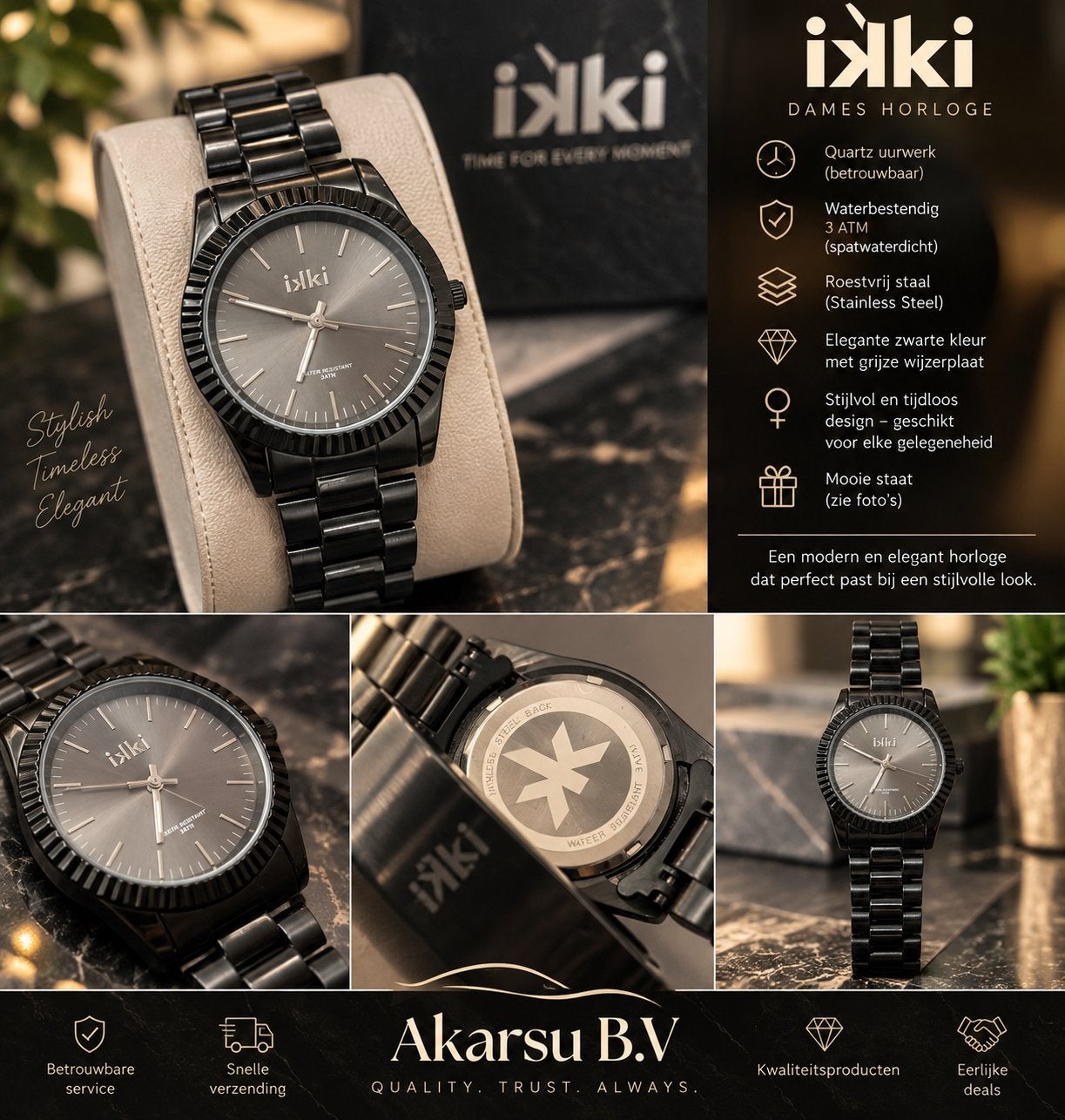 IKKI Dames Horloge Zwart RVS Elegant 3 ATM Quartz Polshorlog, Staal, Staal, Polshorloge, Zo goed als nieuw