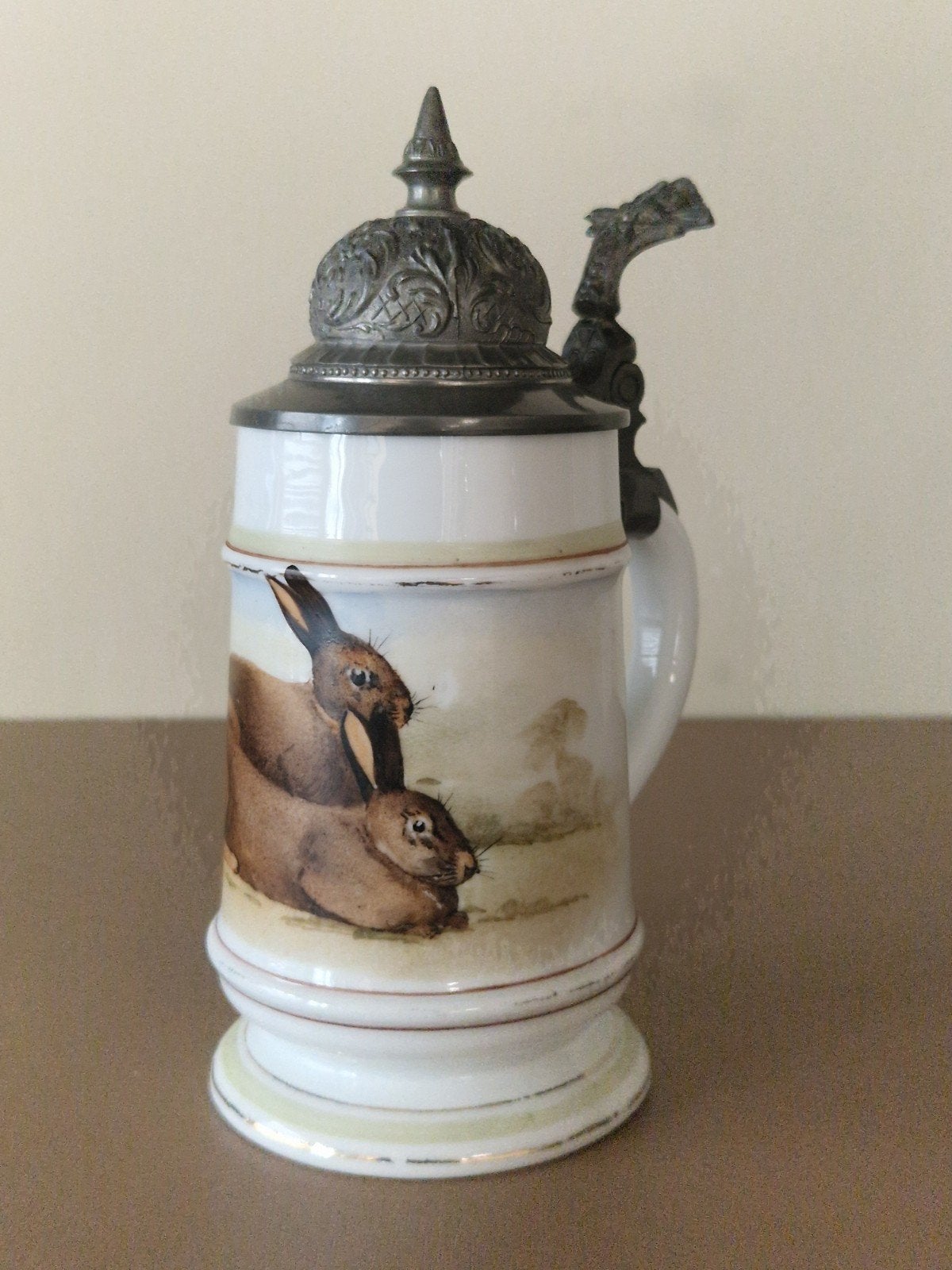 Vintage Bierpul met Konijnenmotief en Tinnen Deksel, Ophalen of Verzenden