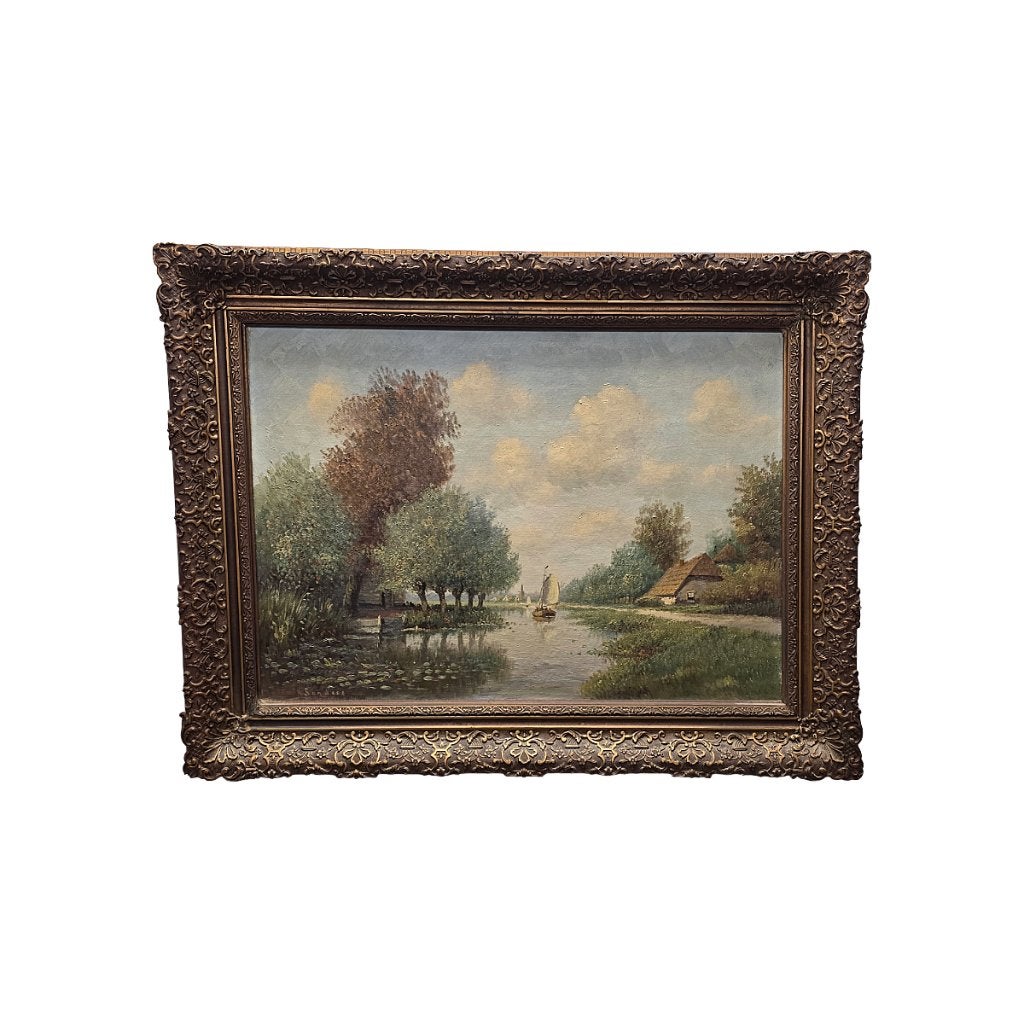 H. Sanders klassiek Nederlands landschap schilderij, Antiek en Kunst, Ophalen, Doek, Landschap, Klassiek