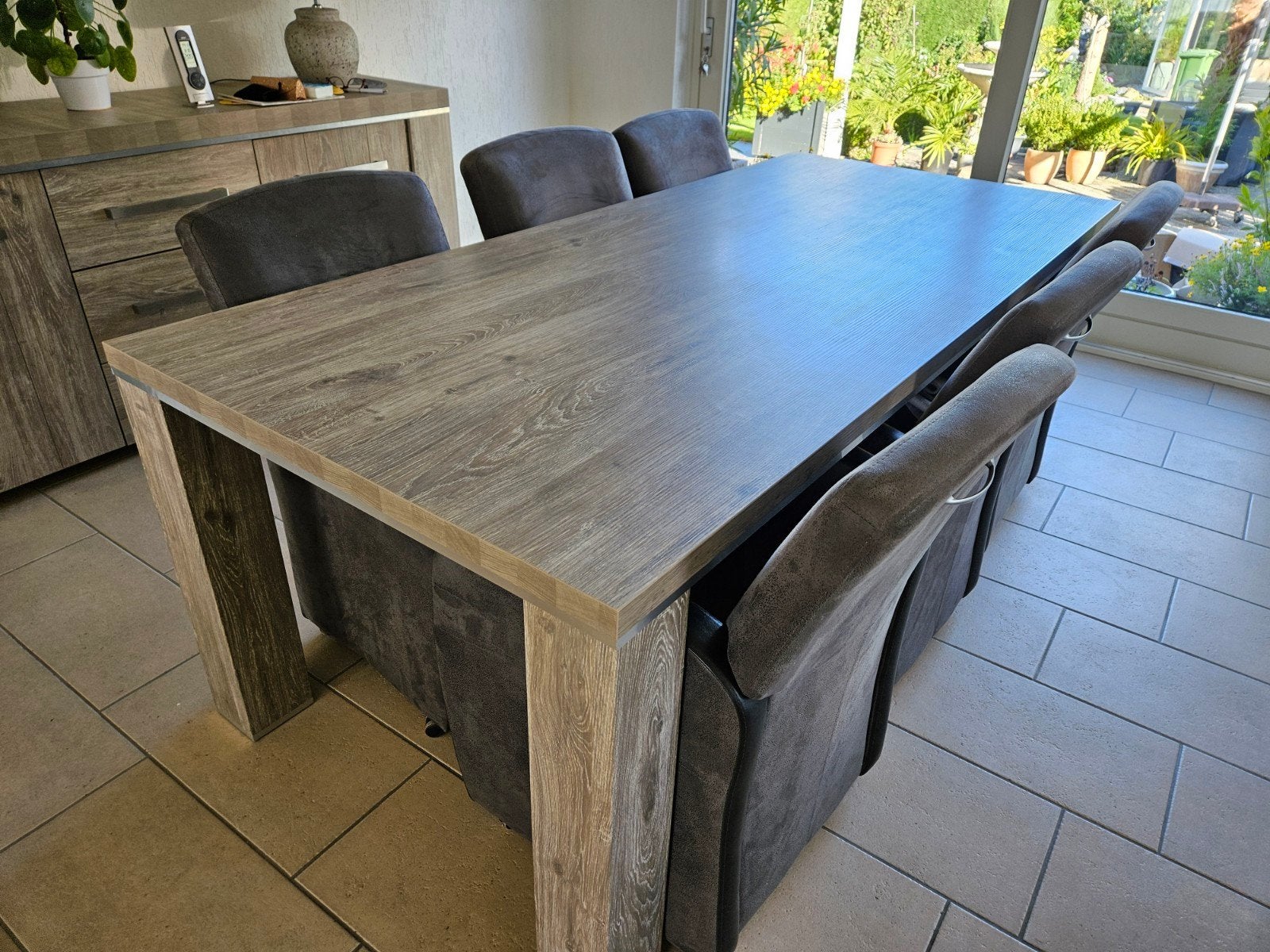 Eettafel 2.20 x 1.00m met 6 stoelen, Ophalen, Gebruikt, 6 tot 8 stoelen