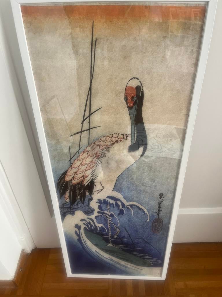 Ingelijste Japanse kunstposter - Kraanvogel & Golven (Hirosh, Ophalen