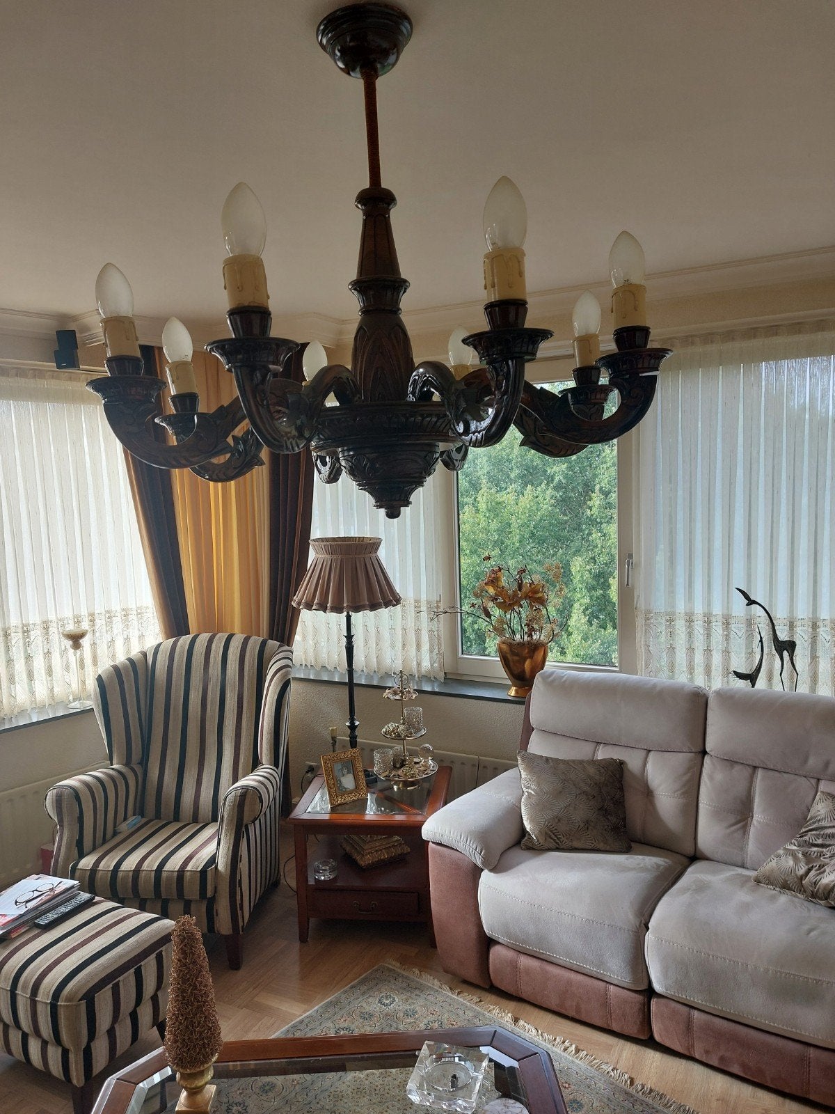 Antieke houten hanglamp met 8 armen, Ophalen of Verzenden