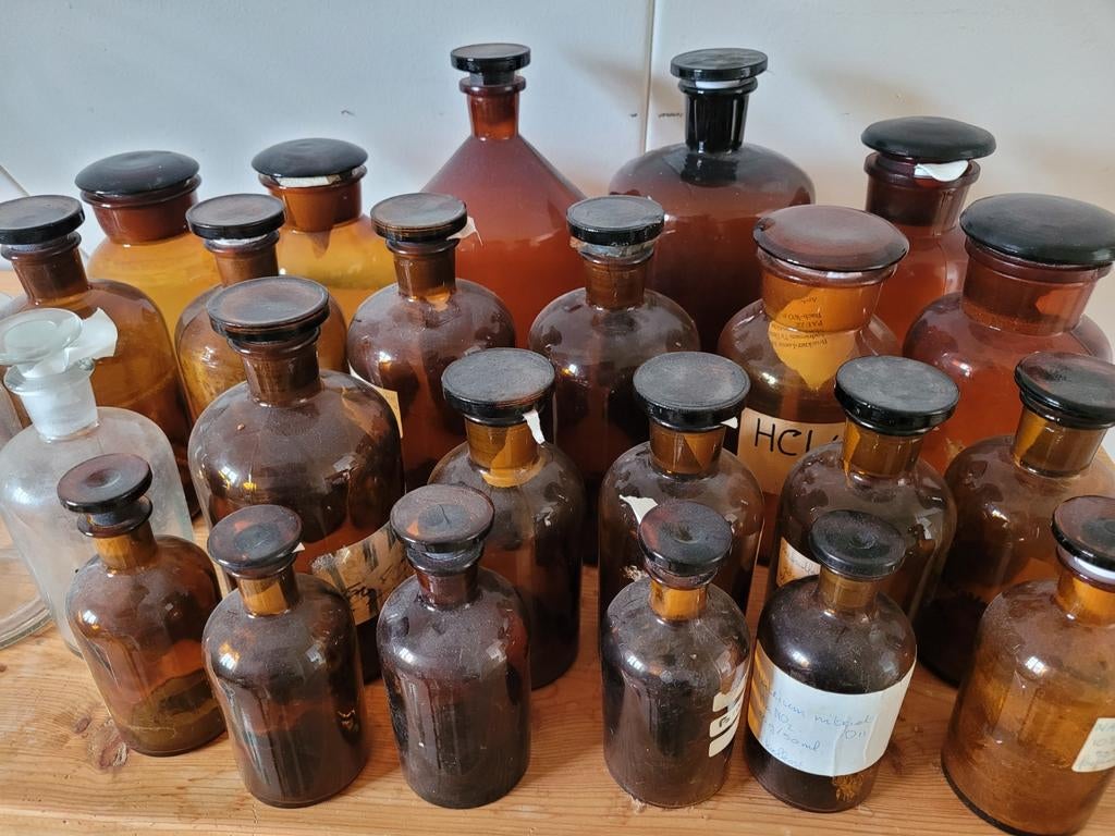 oude apothekerspotten glazen stopflessen pot flessen 5 /stuk, Antiek en Kunst, Ophalen of Verzenden