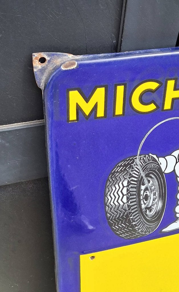 Emaille reclamebord van Michelin met de iconische Bibendum., Reclamebord, Gebruikt, ., Ophalen of Verzenden