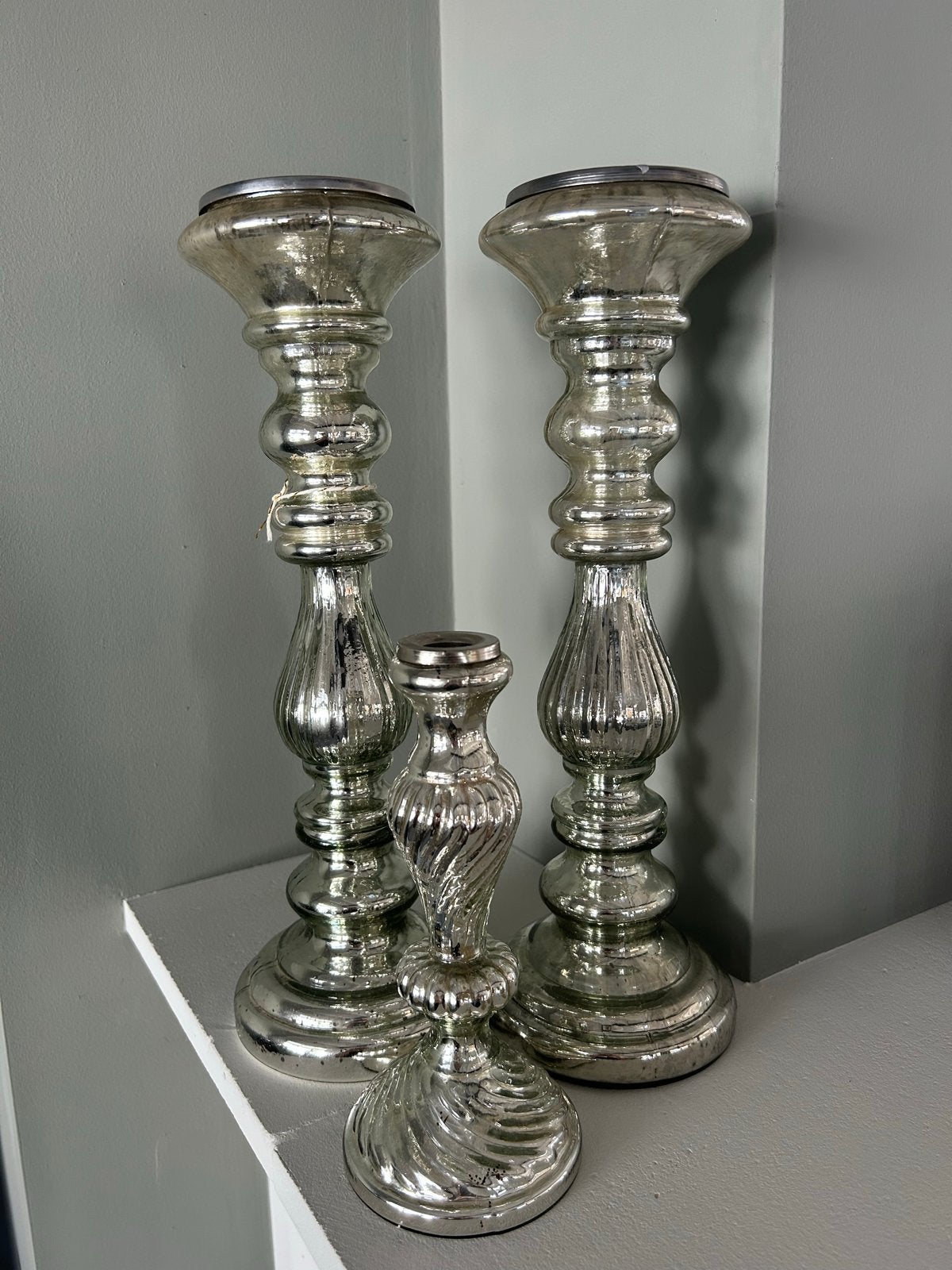 Set van 3 zilverkleurige kandelaars, Antiek en Kunst, Ophalen of Verzenden, Glas