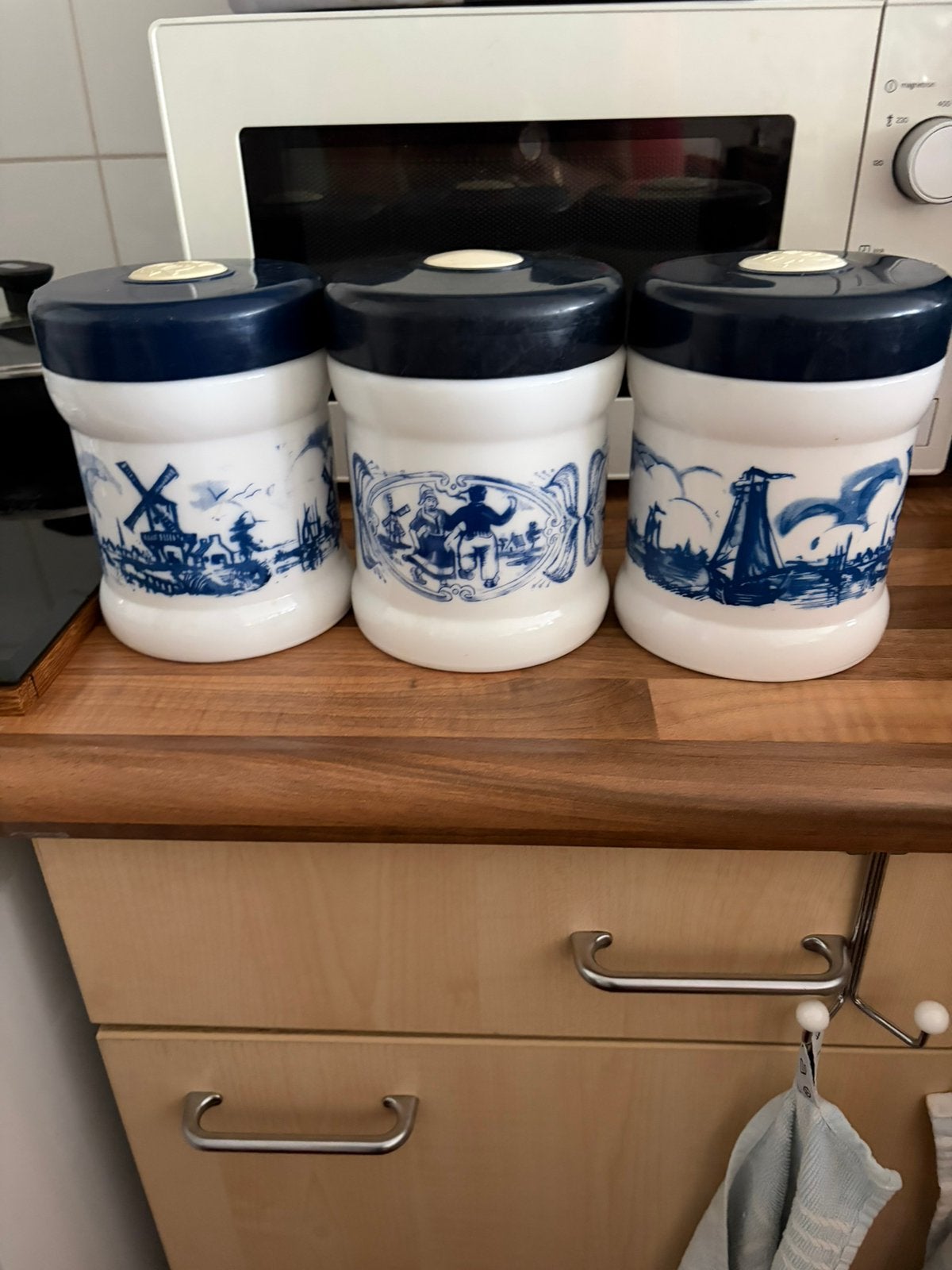 Set van 3 Delfts blauwe voorraadpotten met deksel, Ophalen