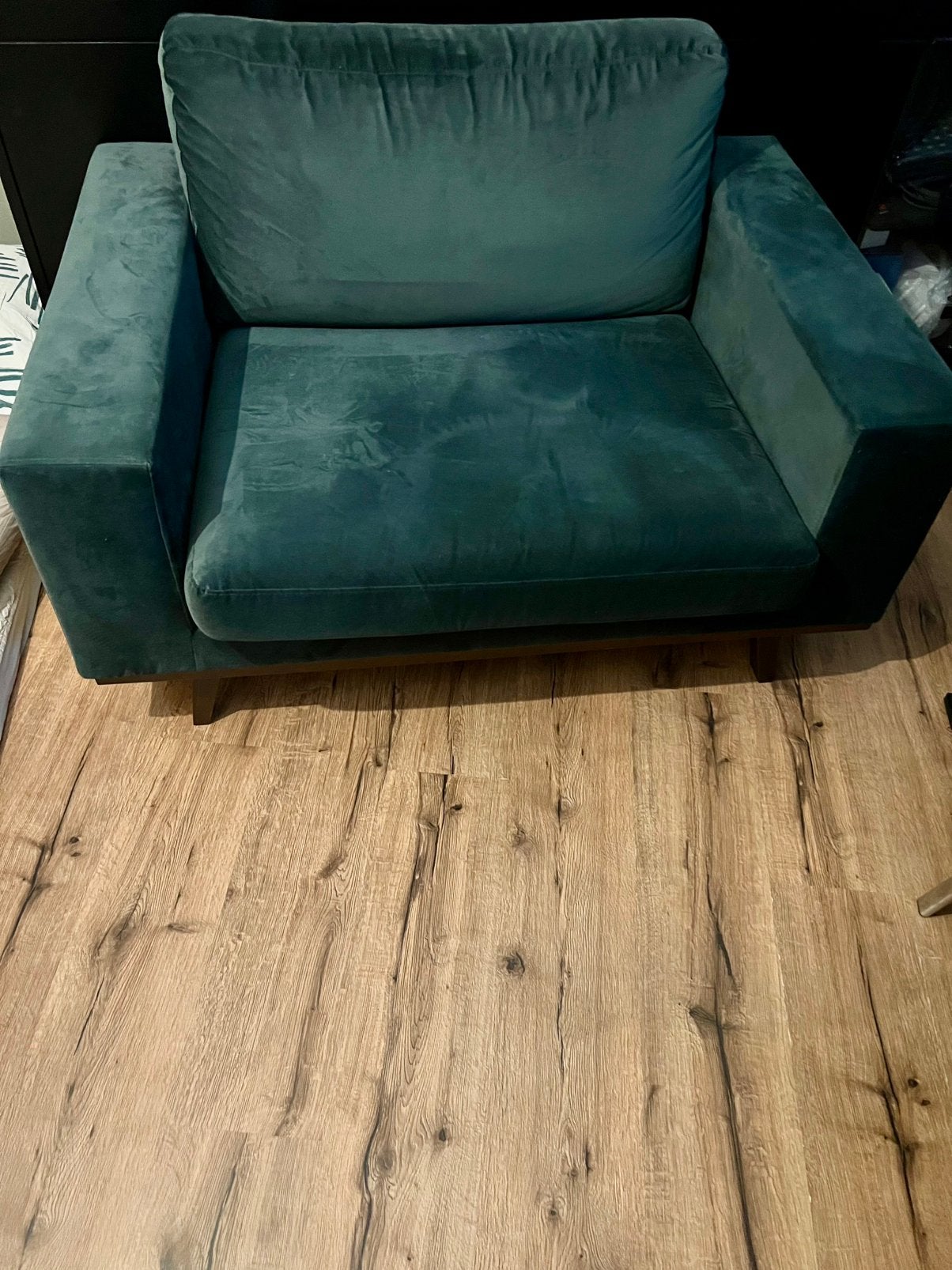 Loveseat fauteuil in donkergroen/petrol velours met pootjes., Ophalen, Overige materialen, Eenpersoons, 150 tot 200 cm