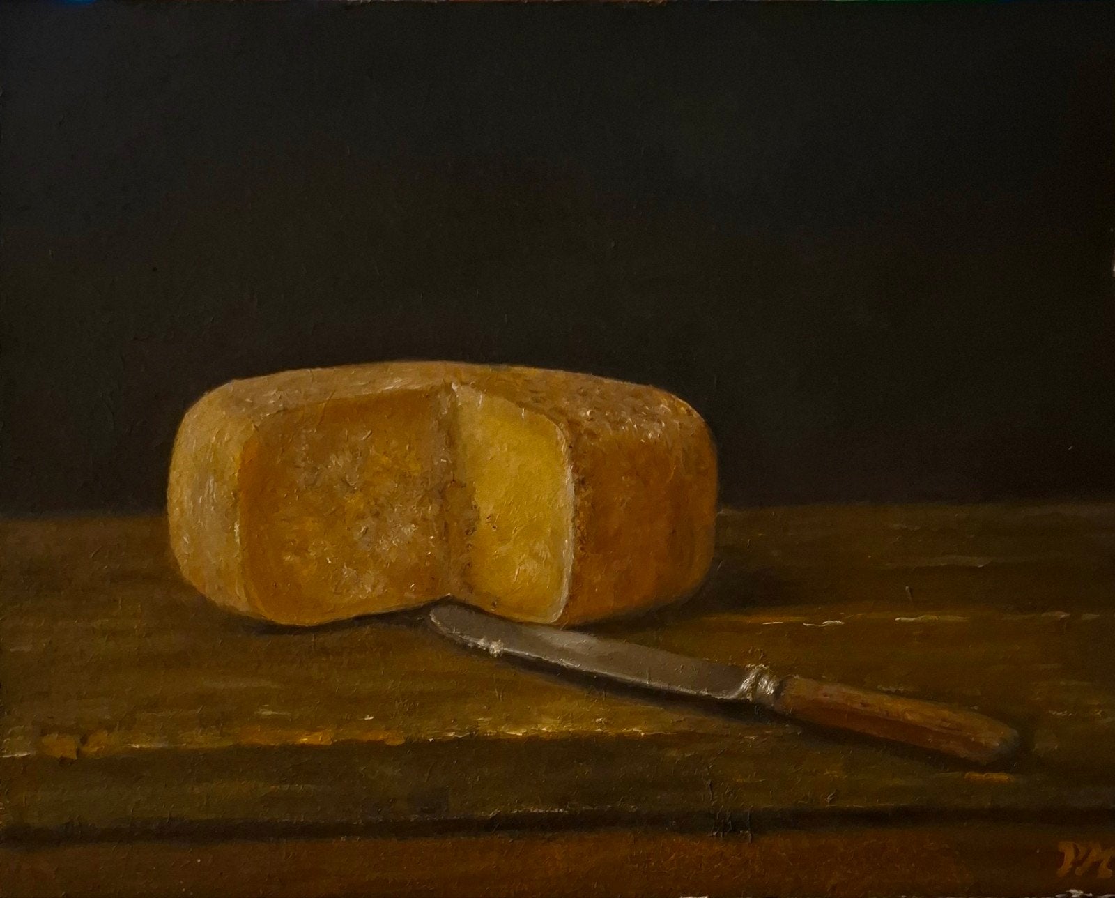 schilderij stilleven kaas en mes 21x27 cm, Antiek en Kunst, Ophalen of Verzenden
