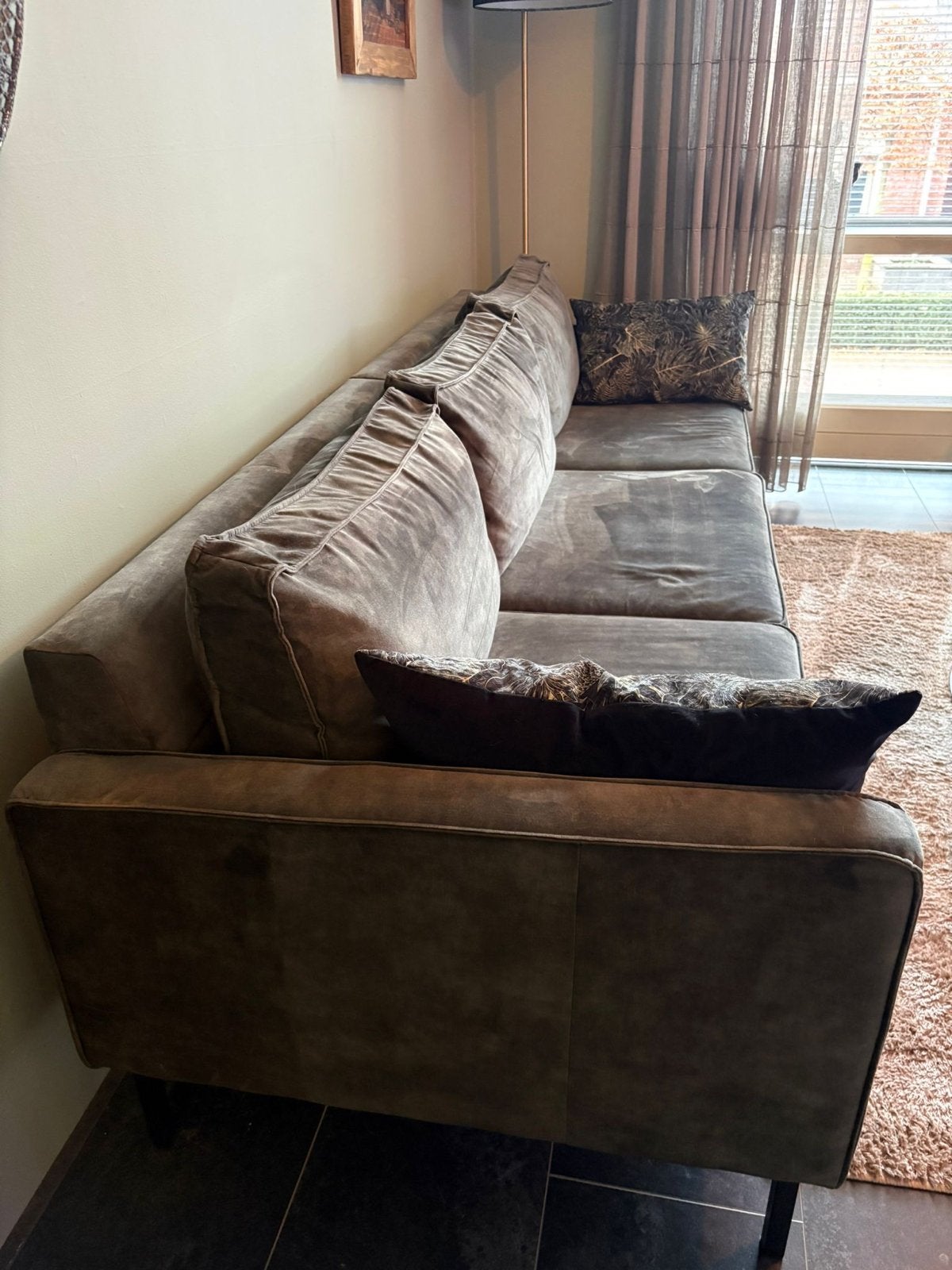 Comfortabele 3-zitsbank in velourse stof, Ophalen, Gebruikt, Driepersoons, 75 tot 100 cm
