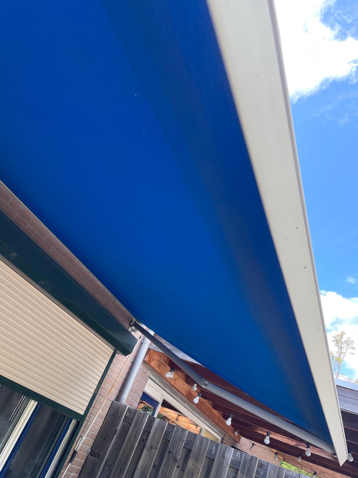 Zonnescherm - Blauw knikarmscherm, Ophalen, Gebruikt, 150 tot 300 cm, 250 cm tot 450 cm