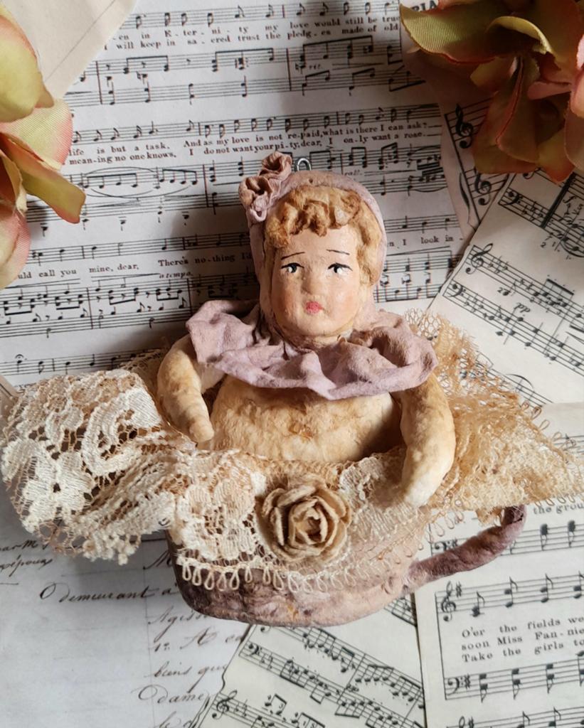 Geweldig brocante wattenpopje in een kopje Spun cotton, Ophalen of Verzenden