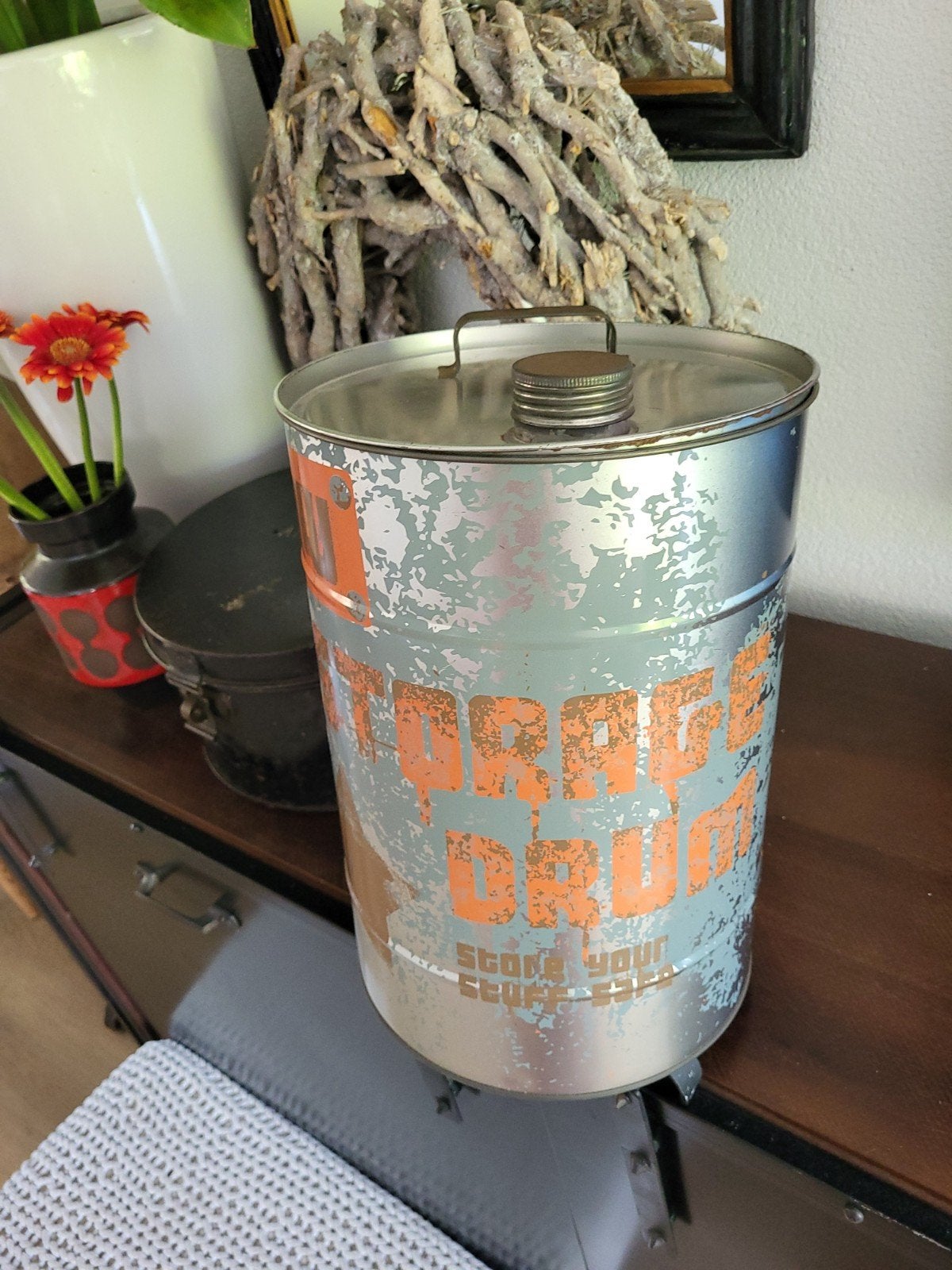 Vintage 'Storage Drum' blikken bus - decoratief en praktisch, Ophalen of Verzenden