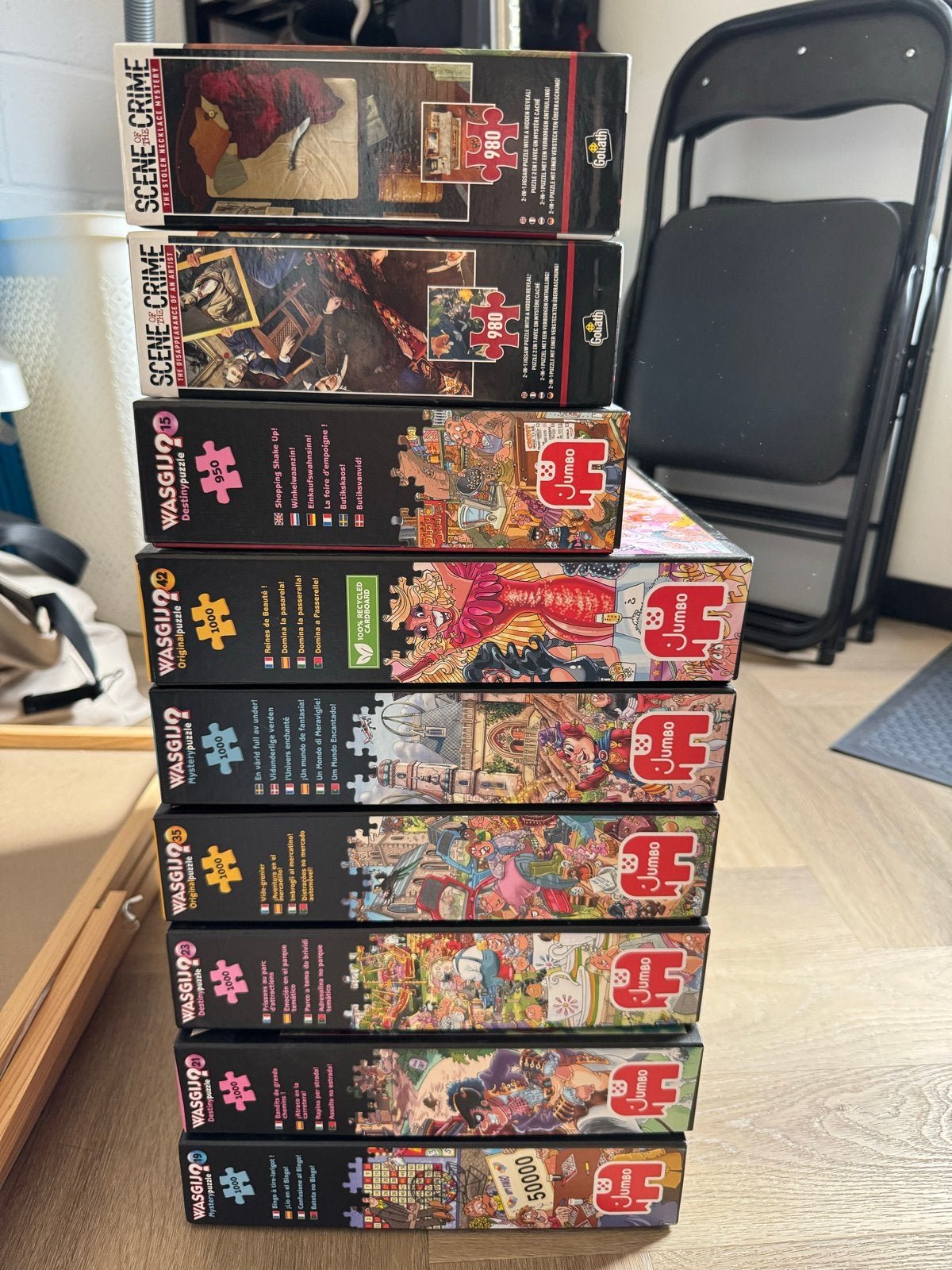 9 Puzzels (Wasgij & Scene of the Crime) met puzzeltafel, Ophalen, 500 t/m 1500 stukjes, Gebruikt, Legpuzzel
