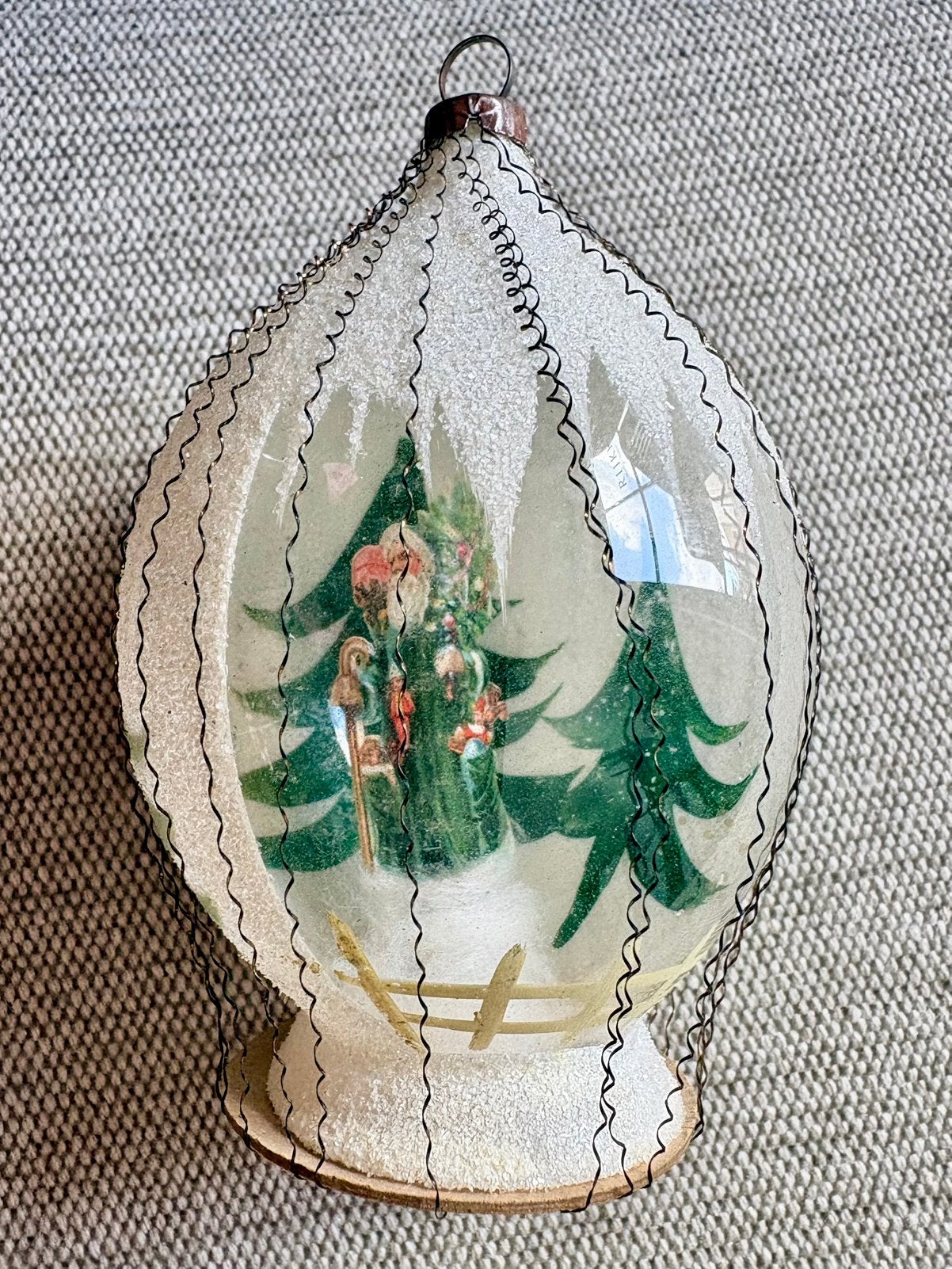 Antieke glazen diorama kerstbal met tinsel wire (jaren 50), Ophalen of Verzenden