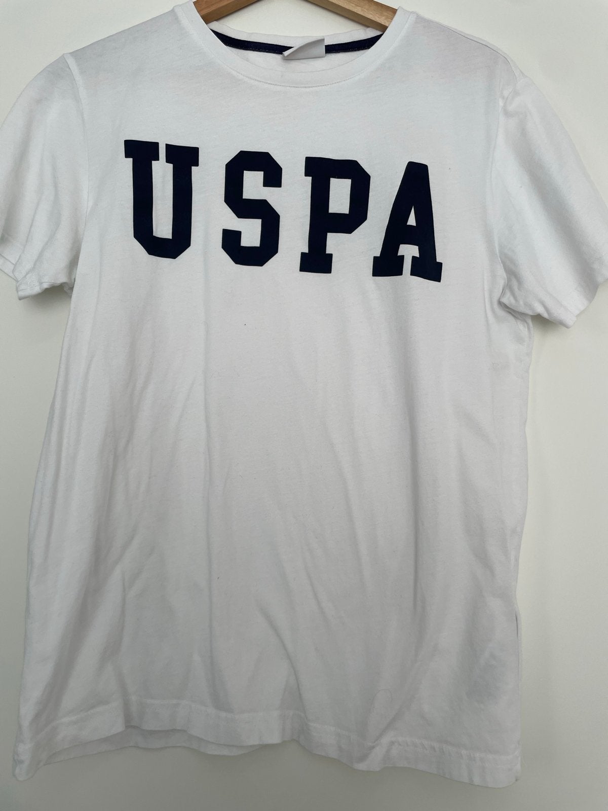 USPA T-shirt wit met blauw logo - Maat XS, Ophalen of Verzenden, Gedragen, Maat 46 (S) of kleiner, Wit