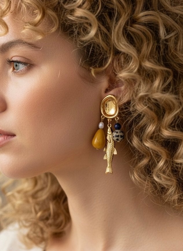 Gouden Oorbellen met Vis en Kralen, Overige materialen, Hangers, Nieuw, Ophalen of Verzenden