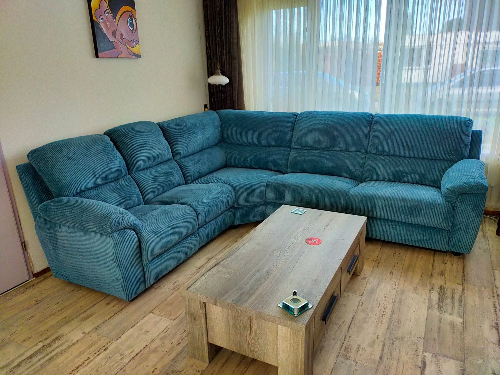 Grote hoekbank met relaxfunctie - ribstof blauw/groen, Ophalen, Modern, Comfortabel, Gebruikt, 100 tot 125 cm