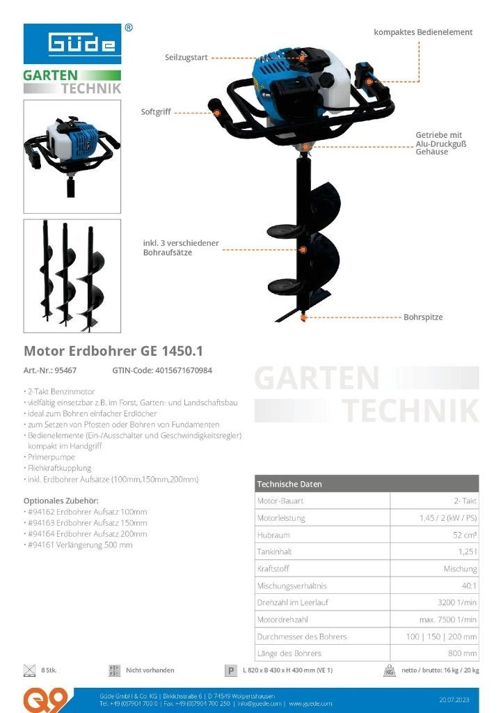 Gude GE 1450.1 2 PK Benzine grondboor incl. 3 boren!!, Tuin en Terras, Ophalen, Nieuw, Grondboor