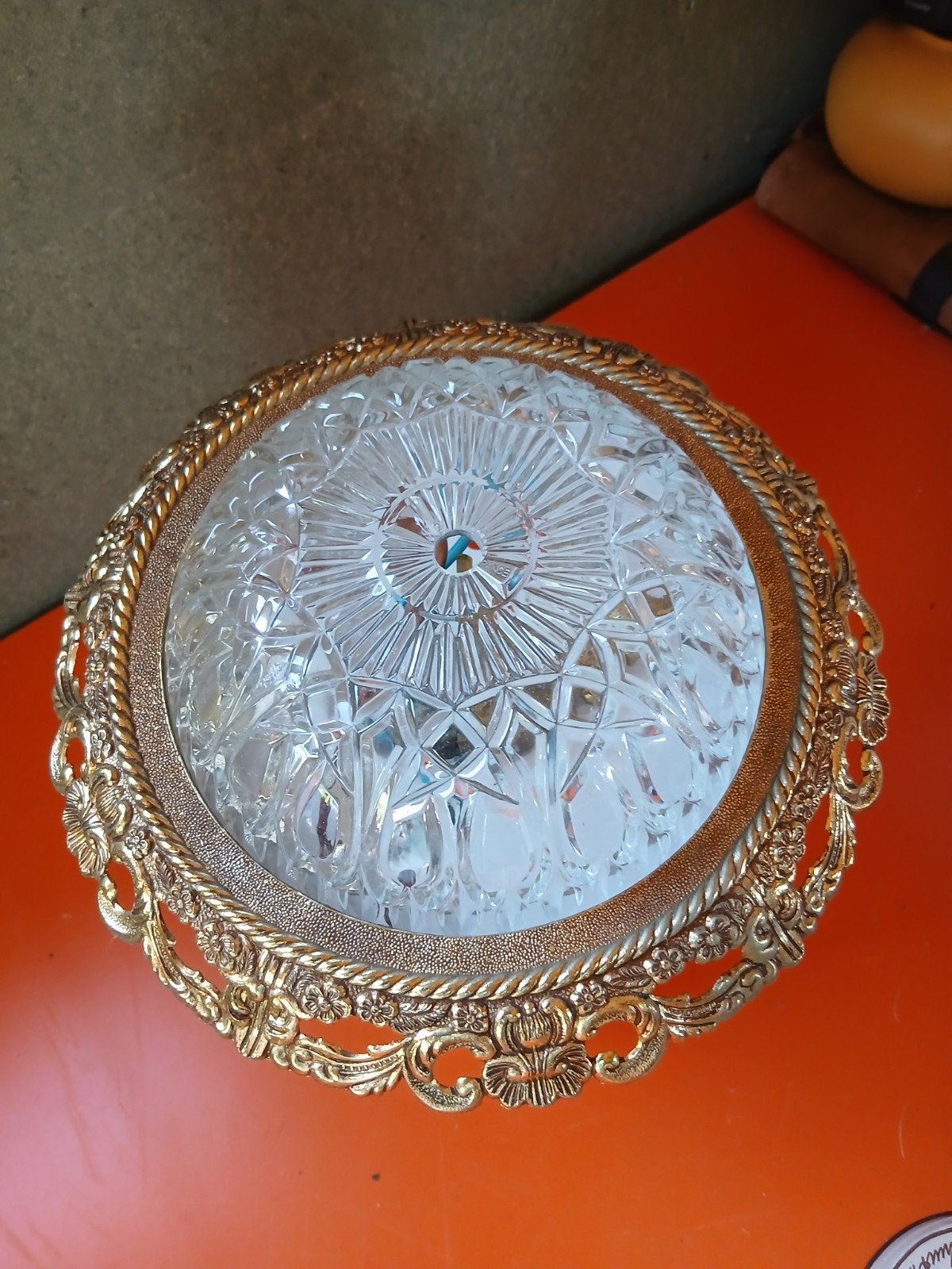 Vintage Plafondlamp met Kristalglas en Gouden Rand, Ophalen of Verzenden