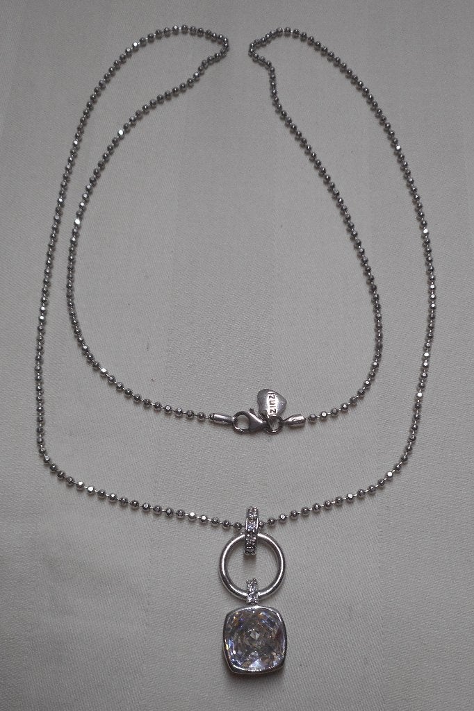 Zilveren lange zinzi ketting met hanger met zirkonia nr.1498, Met hanger, Verzenden, Zo goed als nieuw, Zilver