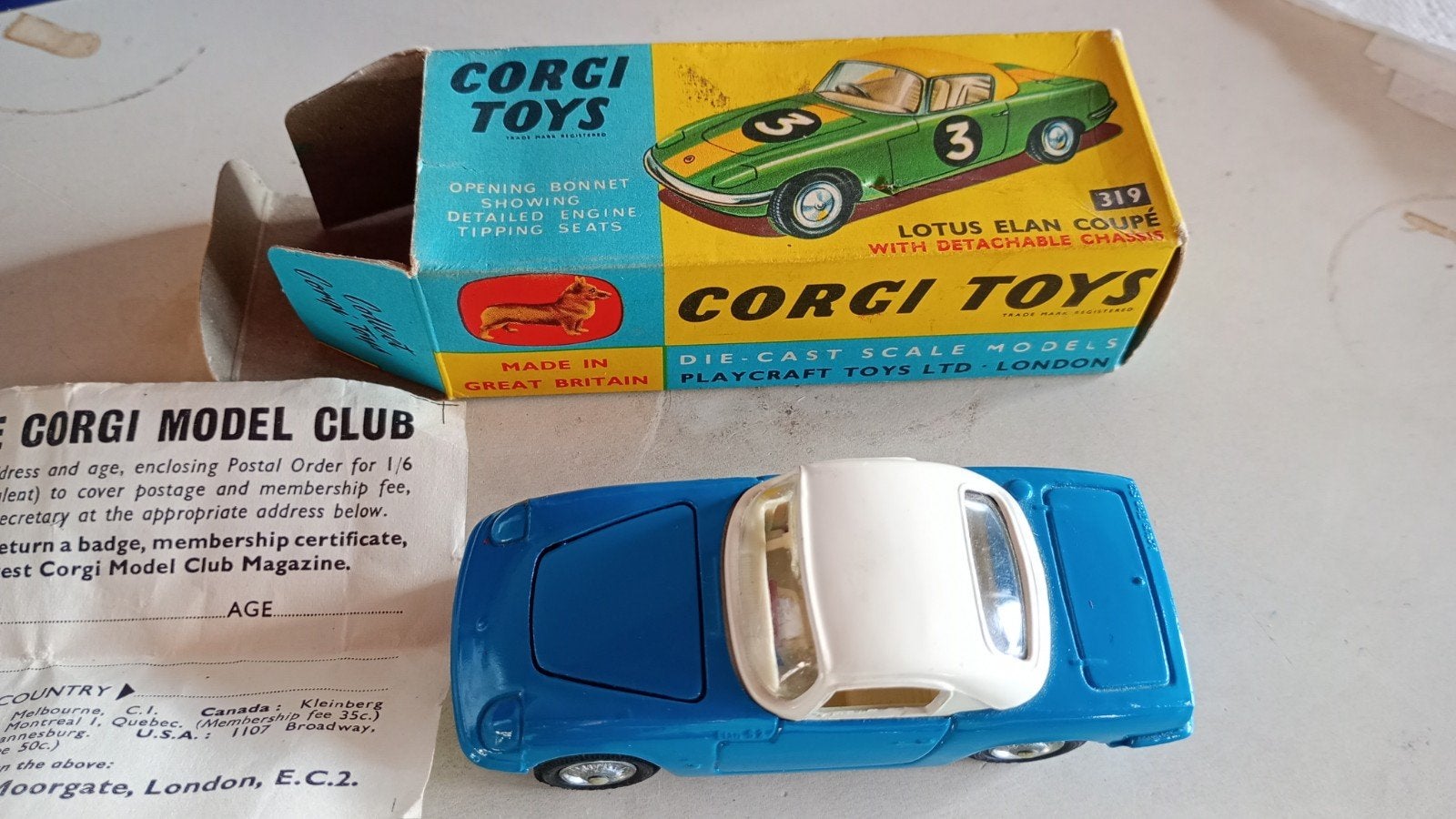 Corgi Toys 319 Lotus Elan Coupé met verpakking, Ophalen of Verzenden, Gebruikt