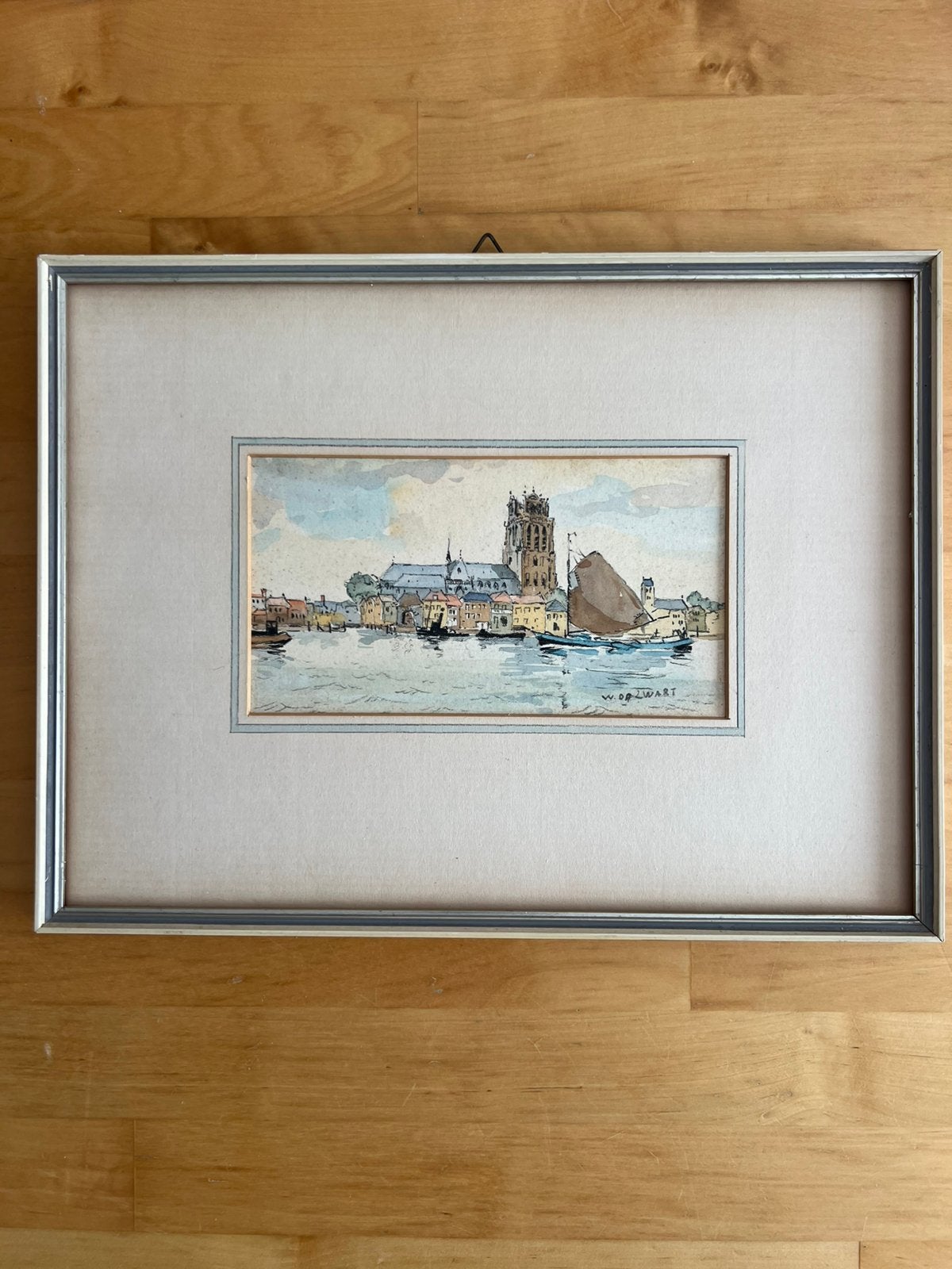 Willem Zwart Aquarel - Gezicht op Dordrecht, Paneel, Ophalen of Verzenden, Stads- / dorpsgezicht, Klassiek
