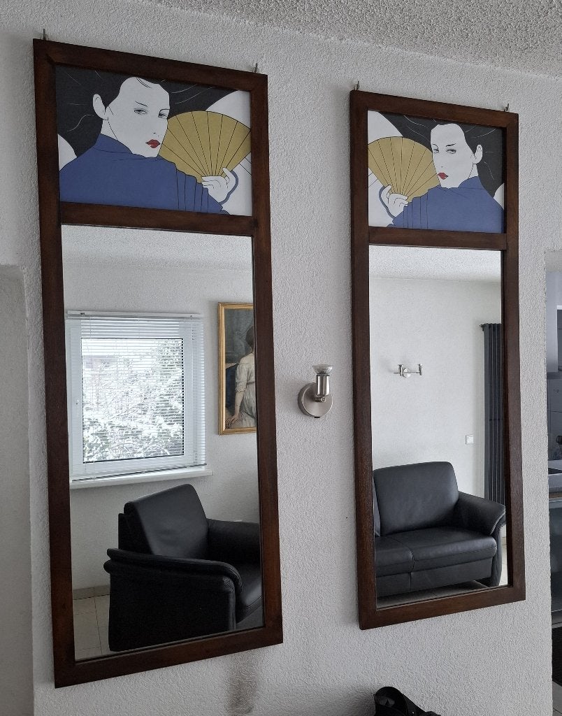 Paar Spiegels Vintage Antiek 128x48cm Vrouw met Waaier, Ophalen, Minder dan 50 cm, Gebruikt, 100 tot 150 cm