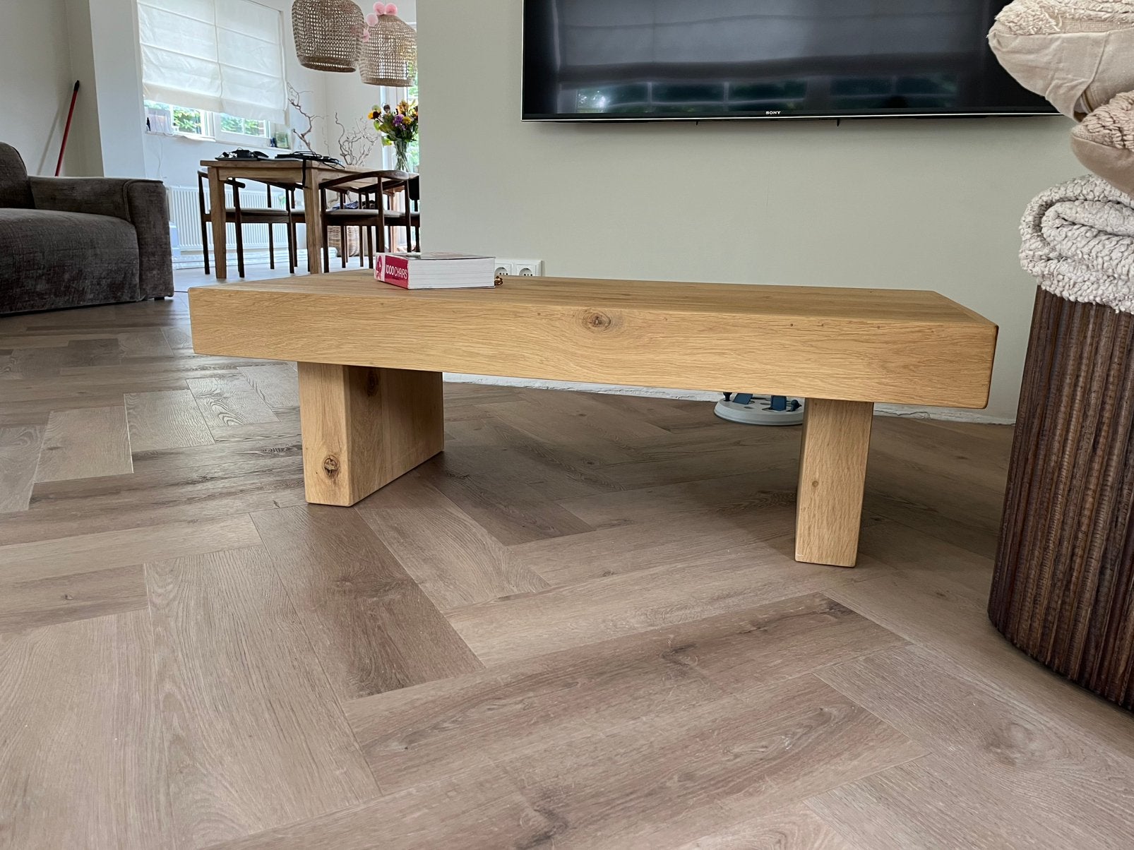 Eiken salontafel nieuw!, Ophalen, 100 tot 150 cm, Rond, 50 tot 100 cm