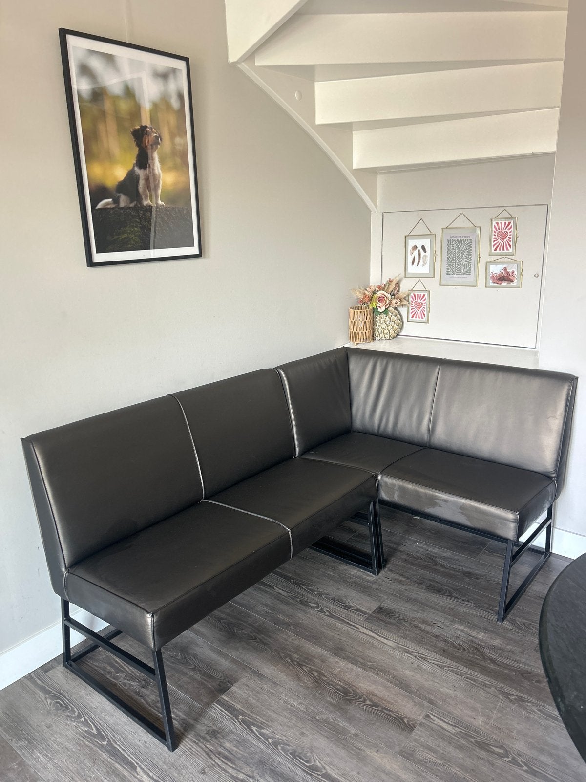 Donkere eethoek bank met stalen poten - 2-delig, Ophalen, Gebruikt, Minder dan 75 cm, 150 tot 200 cm
