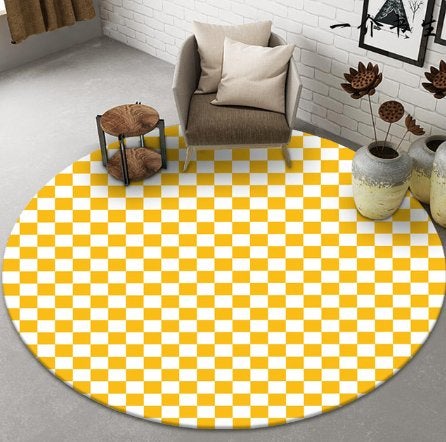 Geel Wit Geblokt Rond Vloerkleed / Dambord Kleed Tapijt, Verzenden, Geel, Rond, Nieuw