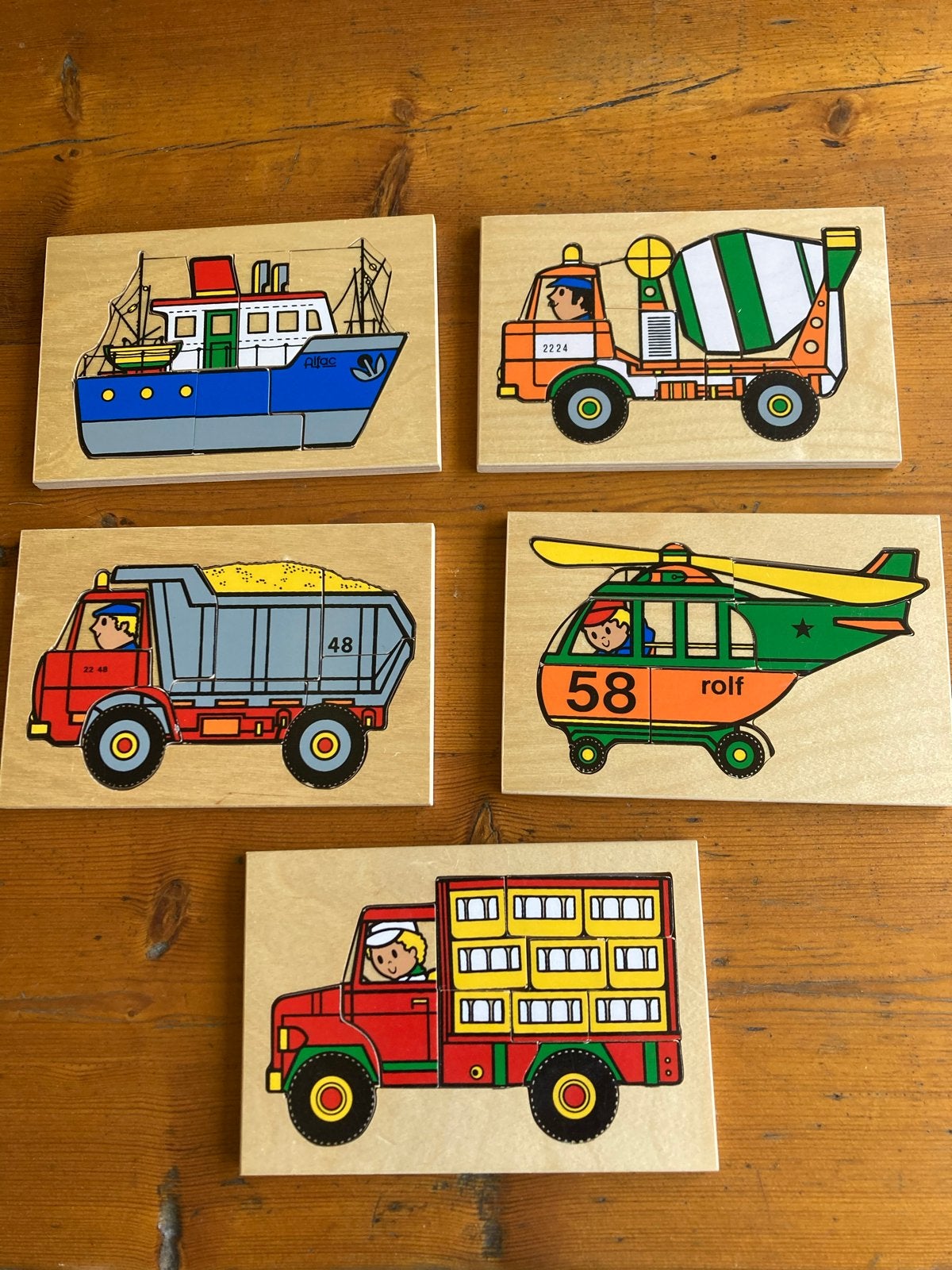 5 houten puzzels van Rolf met voertuigen, 2 tot 4 jaar, Ophalen of Verzenden, Zo goed als nieuw, Van hout