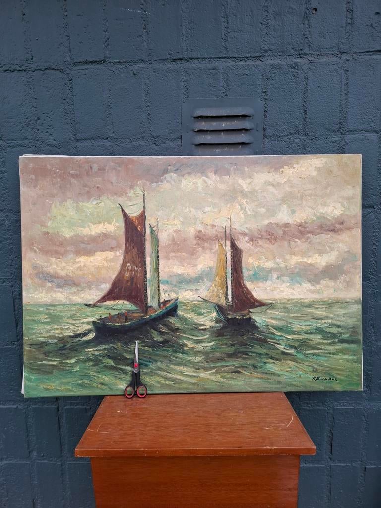 Oud olieverf schilderij - Zeilboten op zee – P. Bosmans, Antiek en Kunst, Kunst | Schilderijen | Klassiek, Ophalen